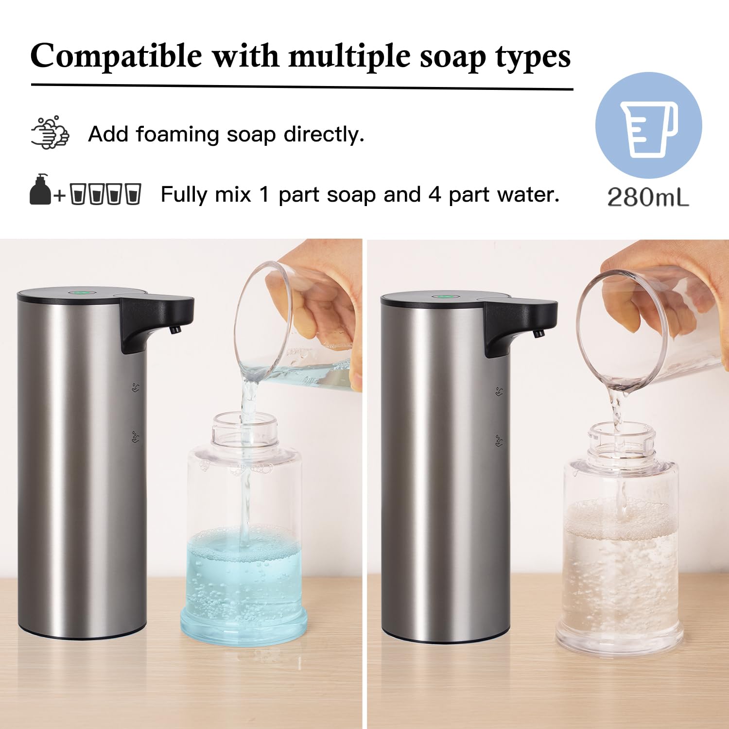 Dispenser di sapone, dispenser automatico di sapone ricaricabile in acciaio inossidabile Touchless Dispenser di sapone schiumogeno per bagno Dispenser automatico di sapone per le mani per cucina