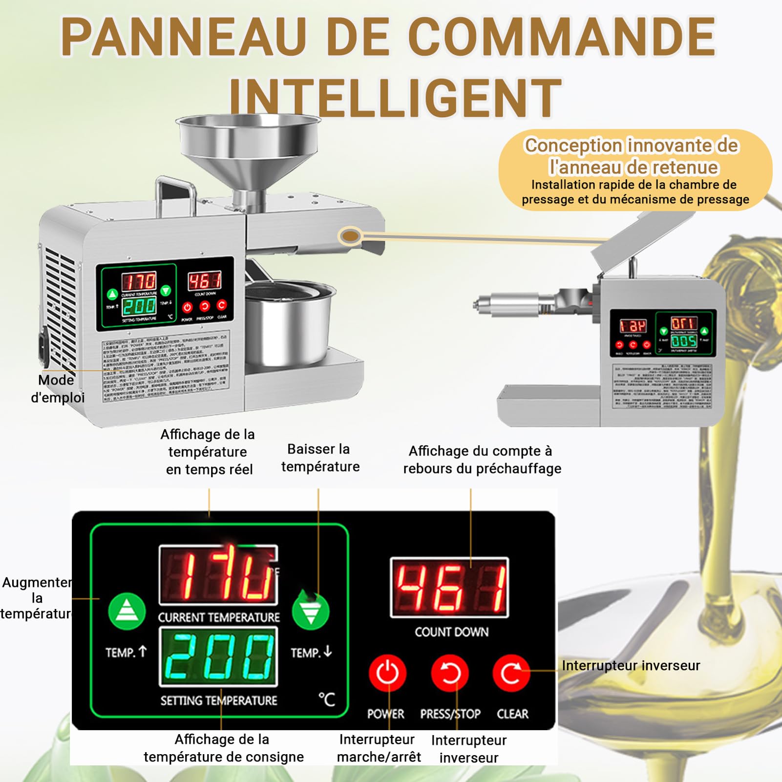 Presse-huile électrique automatique à presse à huile, Extracteur Chaud Et Froid Contrôle, presse-huile commerciale, presse huile olive, pour Graines de Lin Cacahuètes Sésame Tournesol