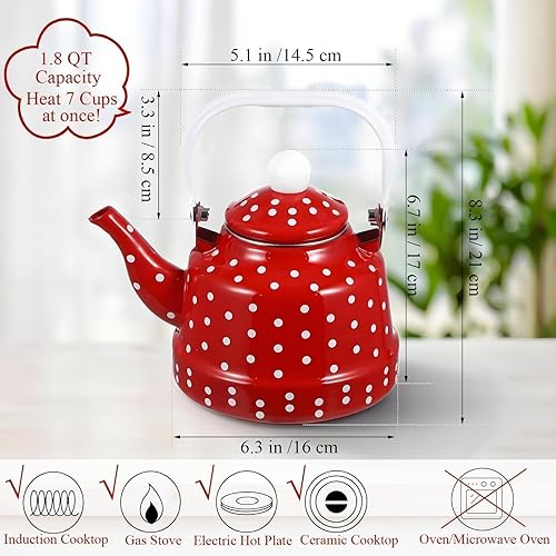 Miniatura 2 de Estufa de té esmaltada vintage de 1.8 cuartos de galón, tetera esmaltada con manchas rojas y blancas, café de agua con asa, hervidor de agua