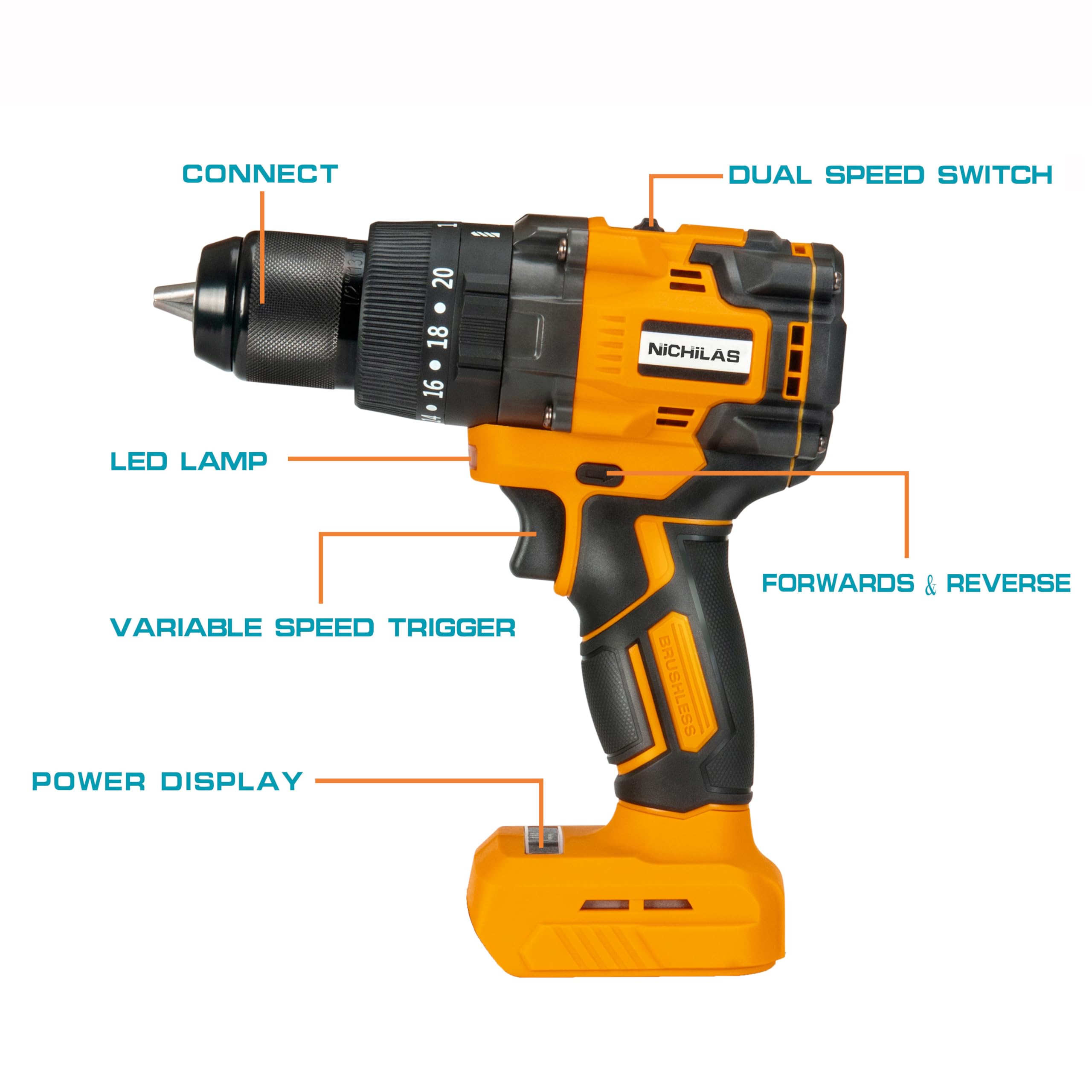 Nichilas Cordless Drill Compatible with DEWALT 20V MAX Battery, Impact Driver Variable Speed 150Nm Brushless Motor for Professional Worker (Battery Not Included)