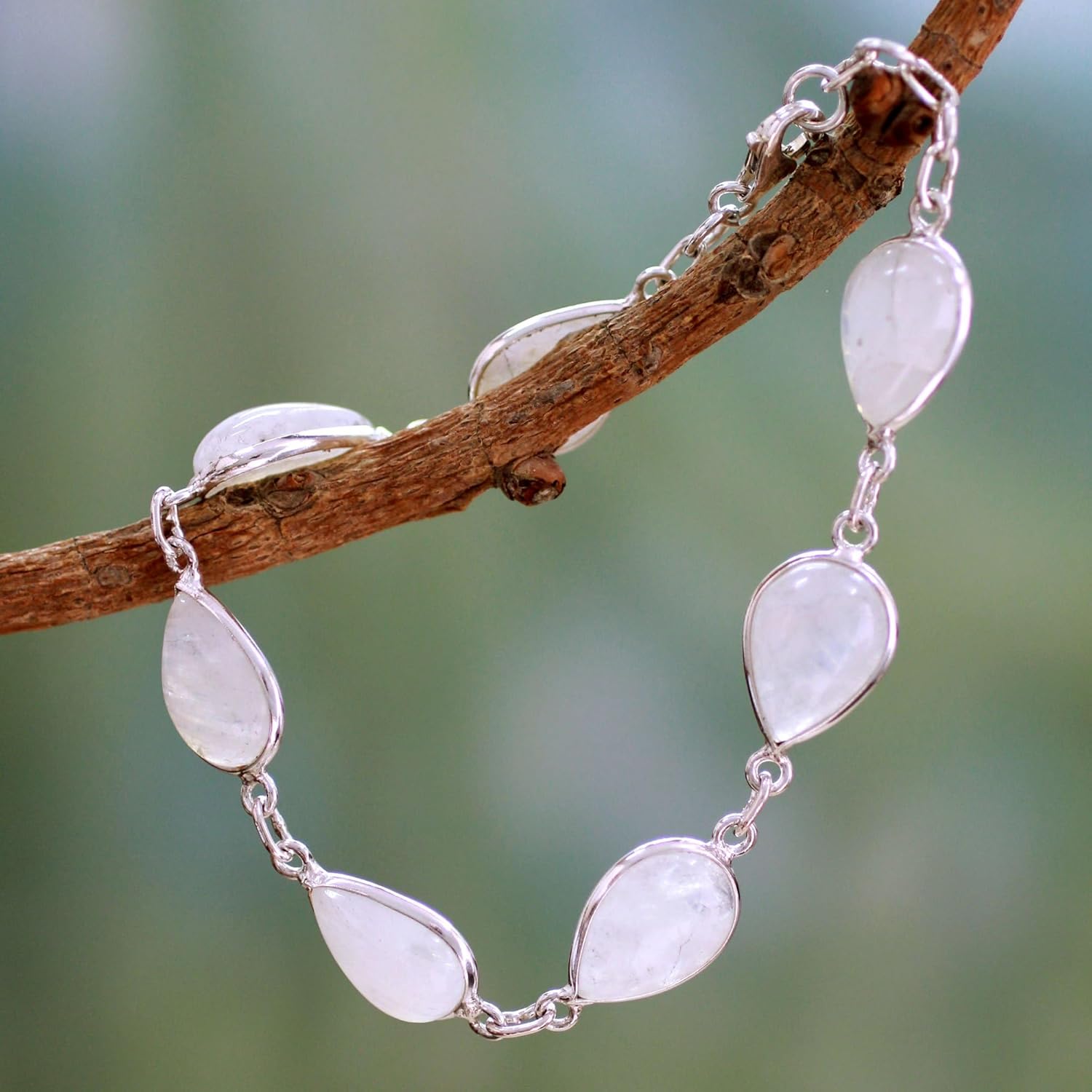 NOVICA Artisan Handmade Moonstone Link Bracelet Sterling Silver Jewelry from India White Birthstone [7 in min L x 7.5 in max L x 0.4 in W] ' Inspired Intuition'
