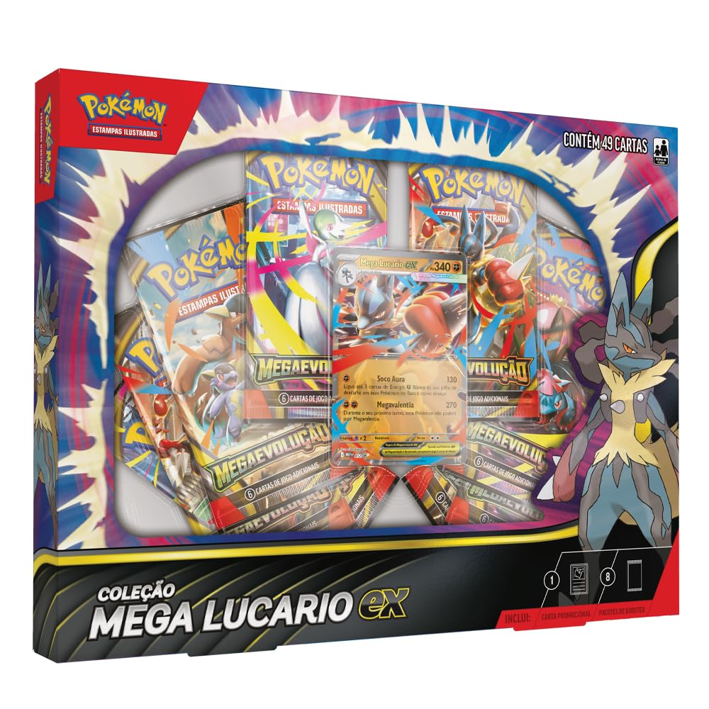 Pokémon TCG, Box Mega Lucario EX, Carta Promocional Laminada Colecionável com Pacotes de Booster - Tamanho Padrão De Carta Colecionável