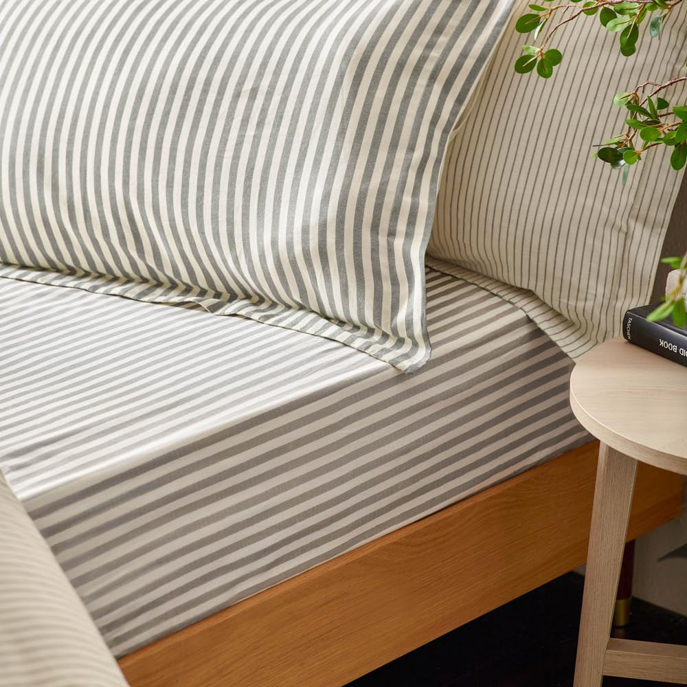 Yard Grey Pillowcase Pair Hebden Stripe Reversible 100% Cotton