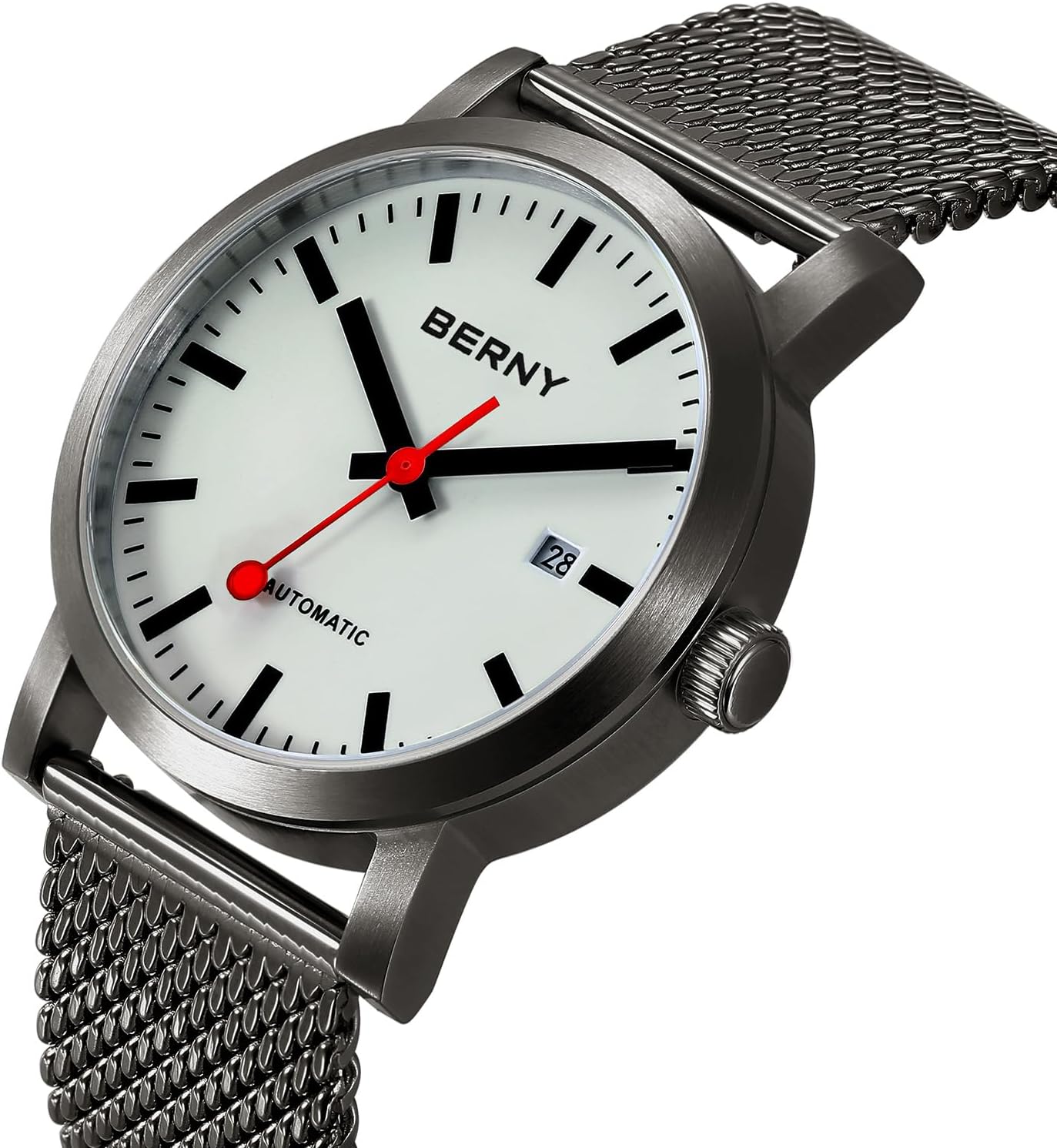 BERNY Classic Automatic Watch for Men Mechanical Self Wind Wristwatch MIYOTA 8215 Movement Stainless Steel Strap 5ATM Waterproof Full Luminous Dial Sapphire Glass Railroad Watches