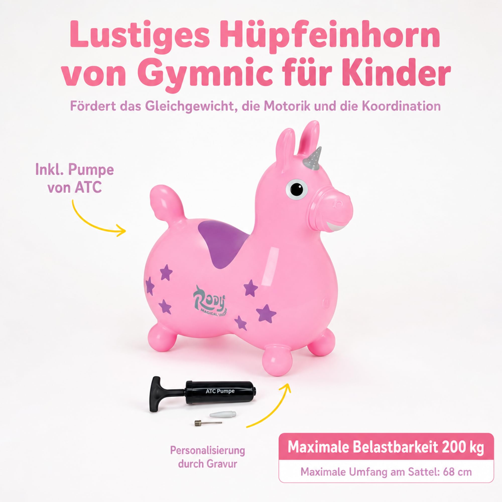 ATC Handels GmbH Einhorn Hüpfpferd Rody – Aufblasbares Hüpftier ab 3 Jahren – inkl. Ballpumpe (rosa)