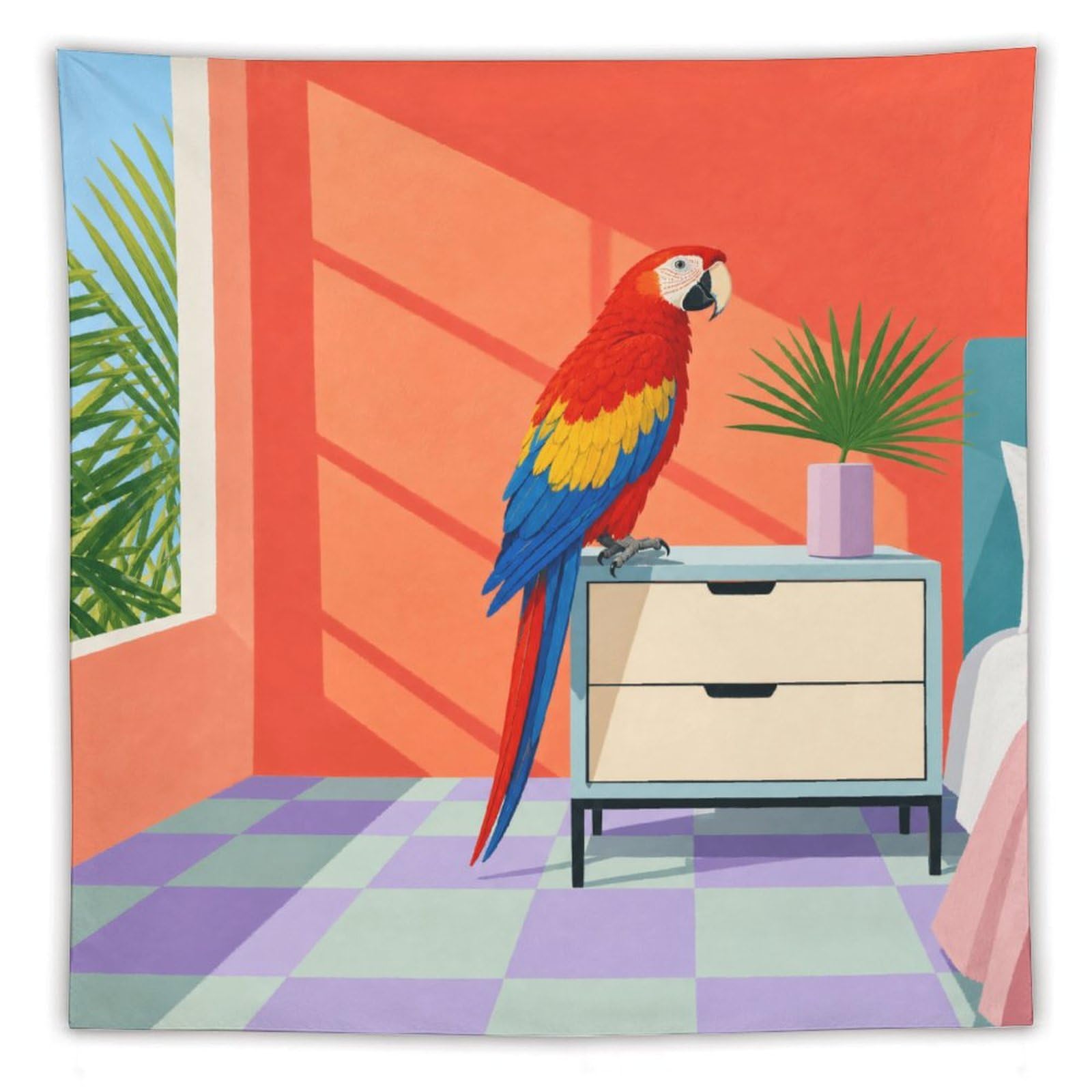 H3B8U2Y5 Parrot in Bright Room Wall Tapestry, Geometric Art, Tropical Bird