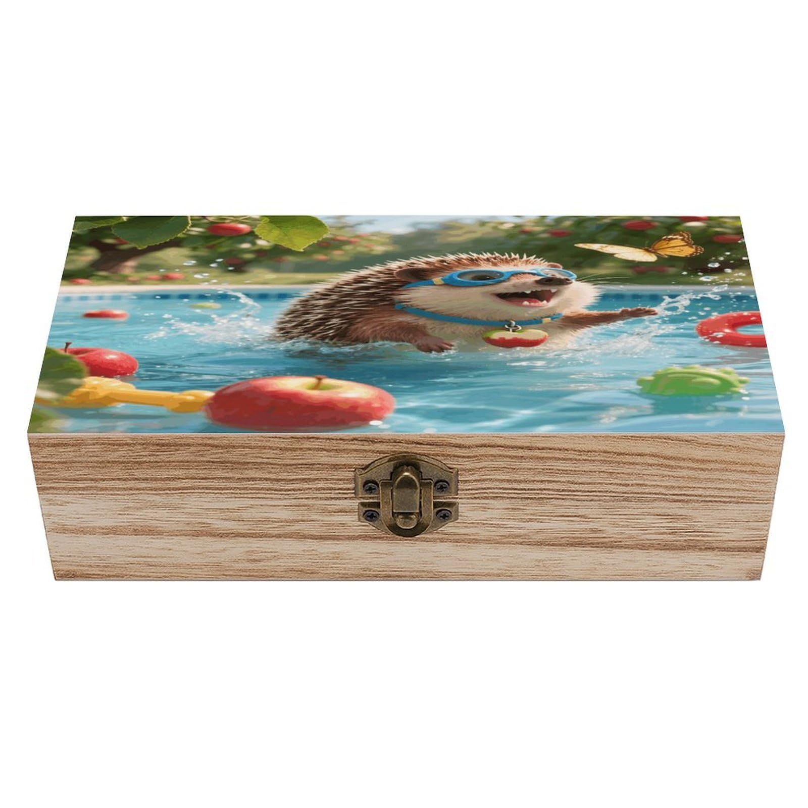 VstaDank Hedgehog Pool Dash Wooden Storage Box Vintage Style Wooden Storage Case with A Hinged Lid Memory Treasure Boxes Decorative Jewelny Photos for Organizer 7.9 * 3.7 * 2.3 Inch