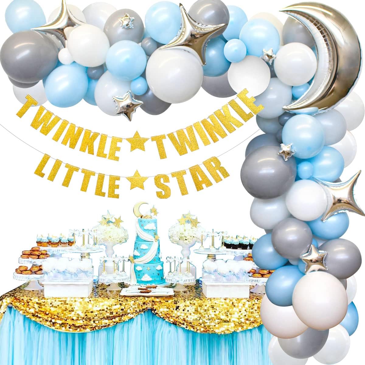 Kreatwow Twinkle Twinkle Little Star Balloon Garland Arch Kit - Blue Silver Gray Moon & Star Balloons Arch for Boys Baby Shower Birthday Party Decorations With Gold Twinkle Little Star Banner Decor