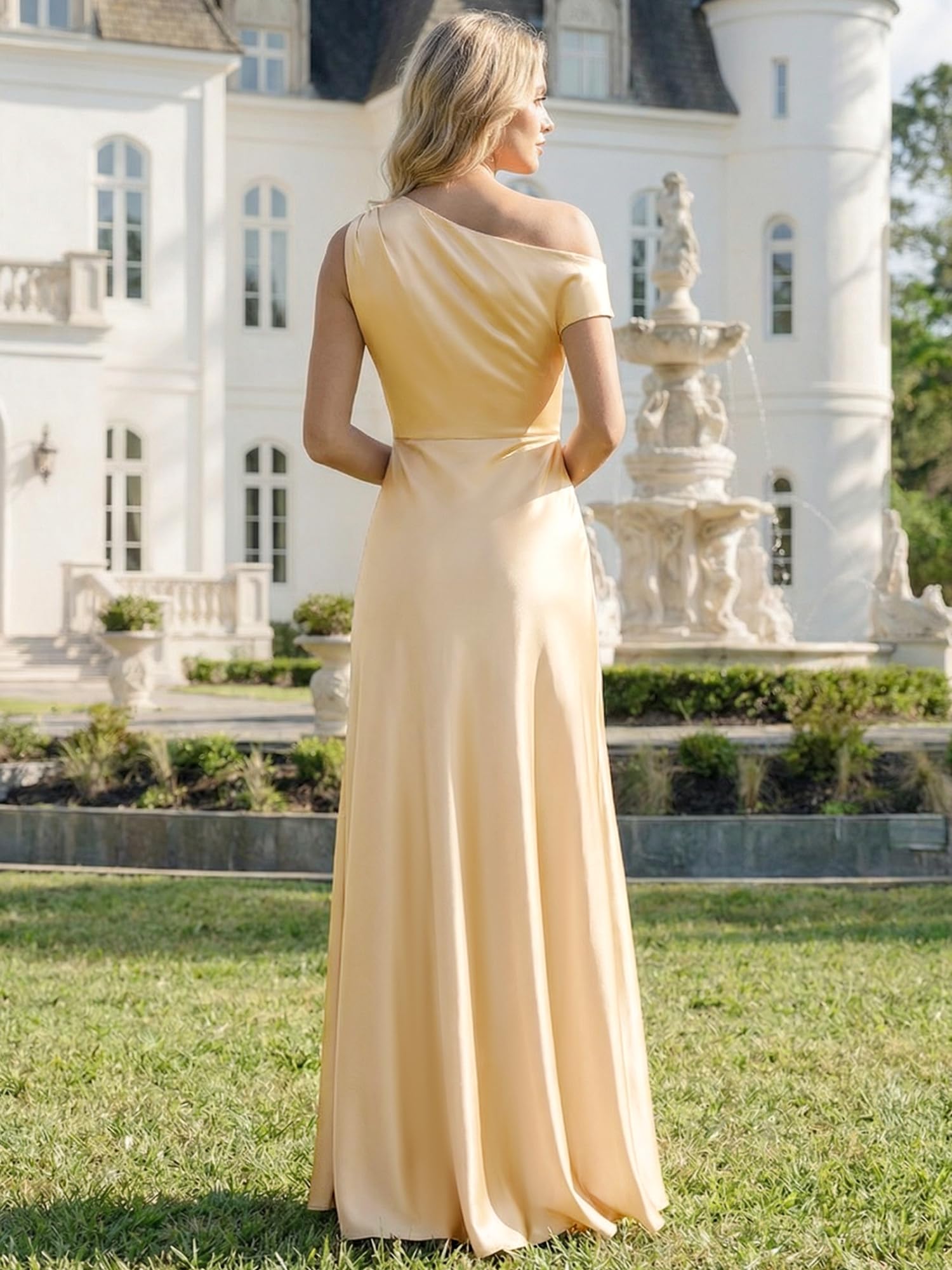 Ever-Pretty Robes de Demoiselle d'honneur Col Asymétrique Manches Courtes Satin Maxi Robe Droite ES02670