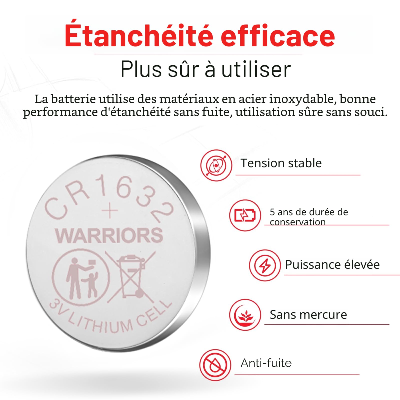 Warriors 5X Pile Piles 1632 CR1632 Bouton 3V,Emballage à l'épreuve des Enfants, Montres, télécommandes, Cartes mères d'ordinateurs, calculatrices