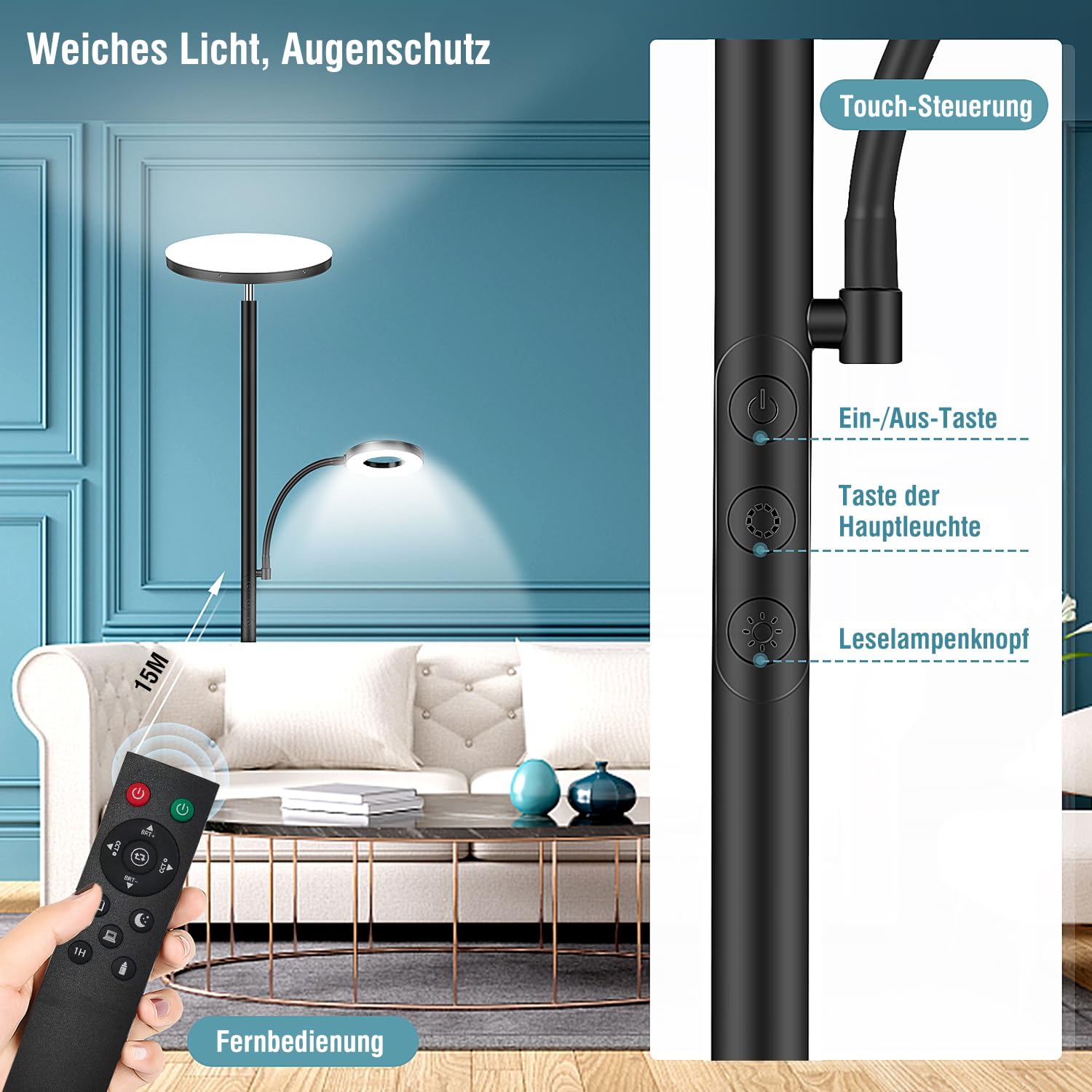 Yikuneng 42W Lámpara de Pie Regulable, LED Lámpara de Pie Salon 4500LM Súper Brillantecon con Lámpara de Lectura, control remoto y control táctil Lámpara Alta para Salon de Estar Dormitorio Oficina