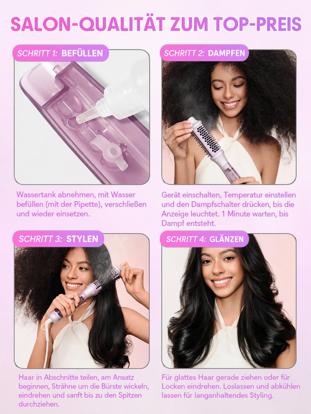 SHEGLAM Dampf-Thermobürste, 4-in-1 Rundbürste 38 mm | 3 Dampfstufen, Nano-Dampf Anti-Scald, schnelles Heizen, weniger Schäden, Anti-Frizz, Dual Voltage, Volumen, langer Halt