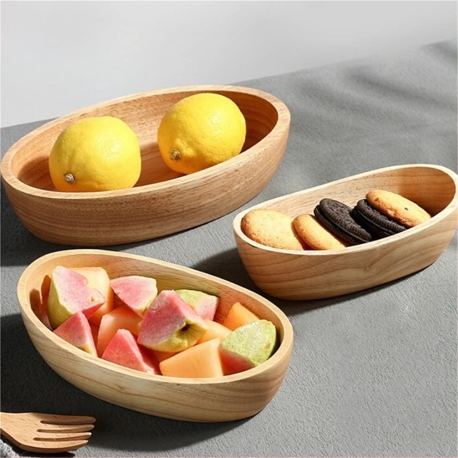 Frutero Madera Ensaladera de madera maciza gruesa con forma barco, cuenco grande for frutas y postres, vajilla(20x4.5cm)