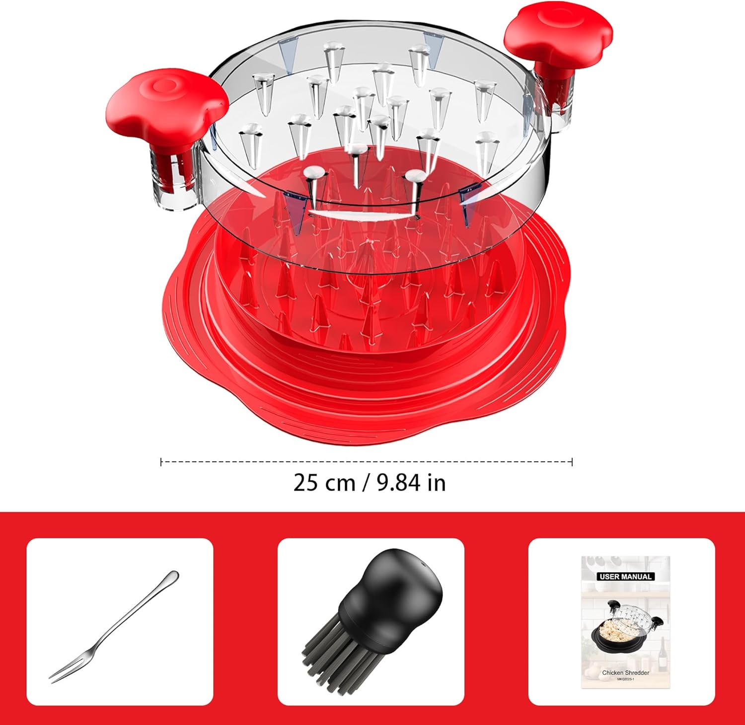 SURETIVIAN Chicken Shredder Tool Twist Large Chicken Breast Shredder with Brush&Fork, Visible Meat Shredder Machine, Anti-Slip Strip, Ergonomic Handle, BPA Free, Suitable for Pork Beef Chicken(Red)