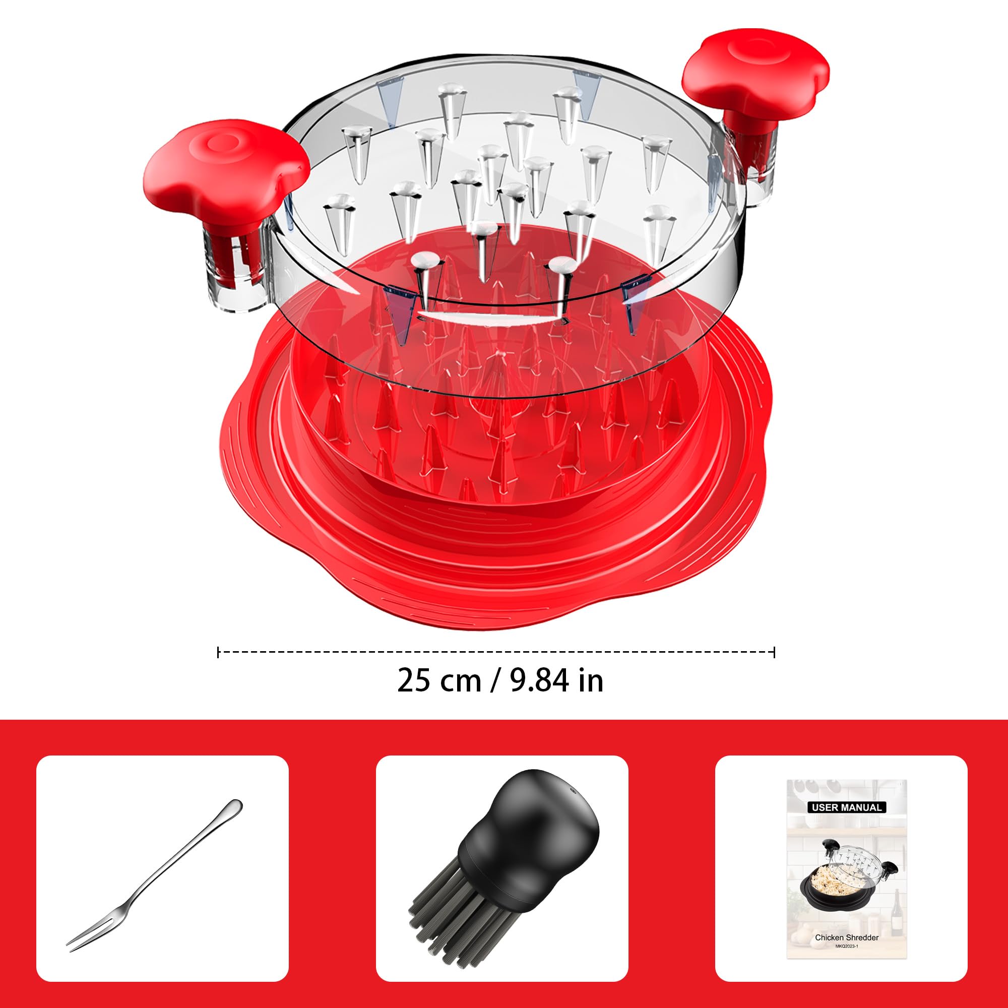 Trituratore di pollo grande con spazzola e forchetta – Tritapolli visibile con striscia antiscivolo, manico ergonomico, senza BPA, adatto per pollo, maiale e manzo (rosso)