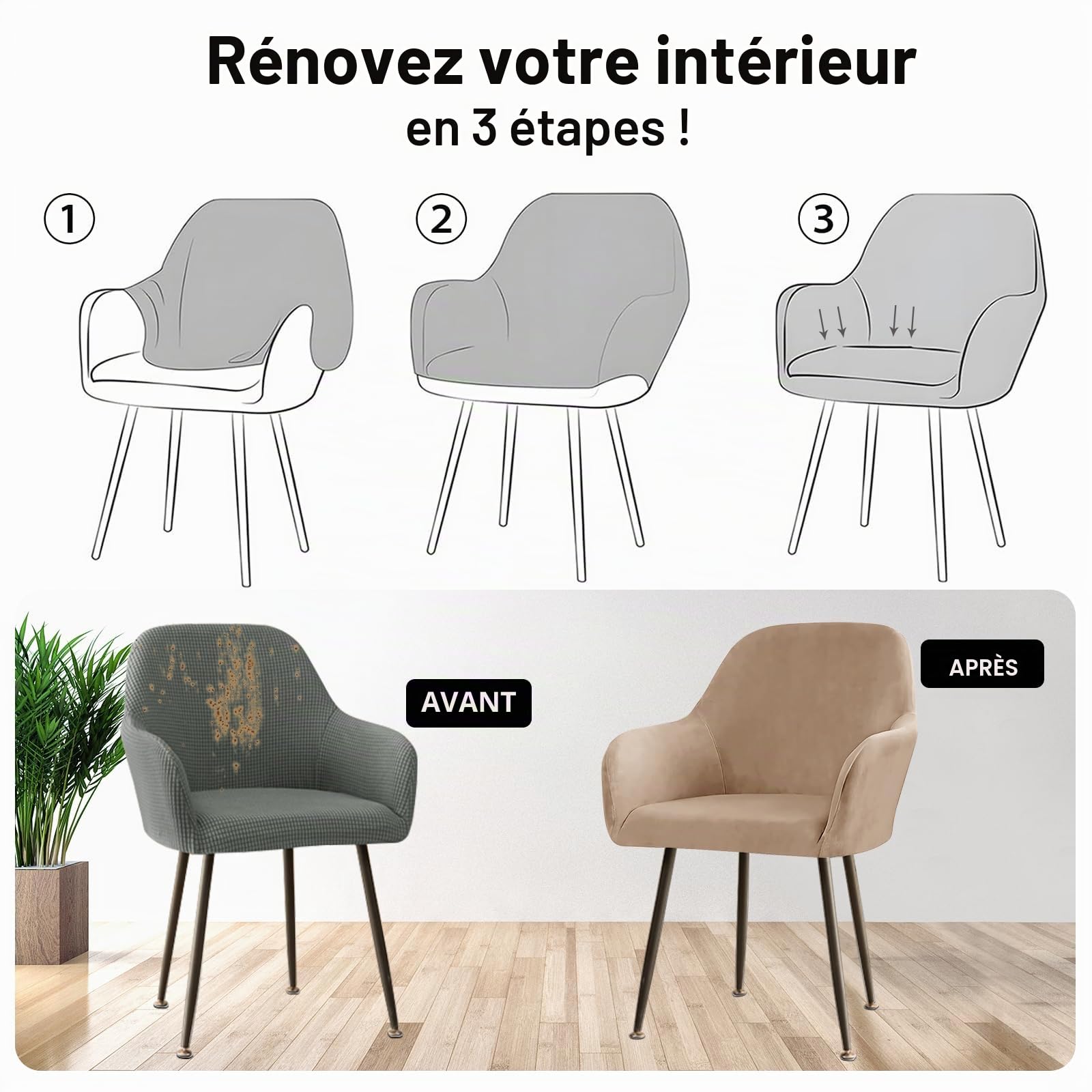 Alishomtll Lot de 4 housses de chaise extensibles en velours universel avec accoudoirs - Détachables et lavables - Pour chaises de salle à manger, cuisine, banquet, mariage et fête (Camel, lot de 4