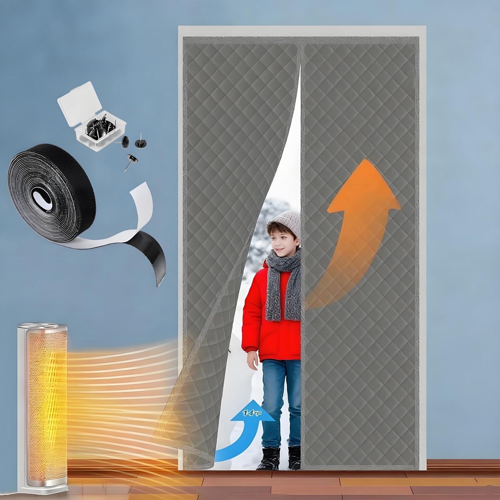 Rideau thermique de porte d'entrée imperméable et magnétique gris