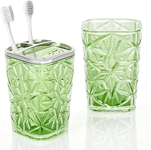 2 Pack Acrylic Toothbrush Holder Set - Mouthwash Cup & Bathroom Tumbler with Diamond Pattern, Shatterproof Non-Slip Base
