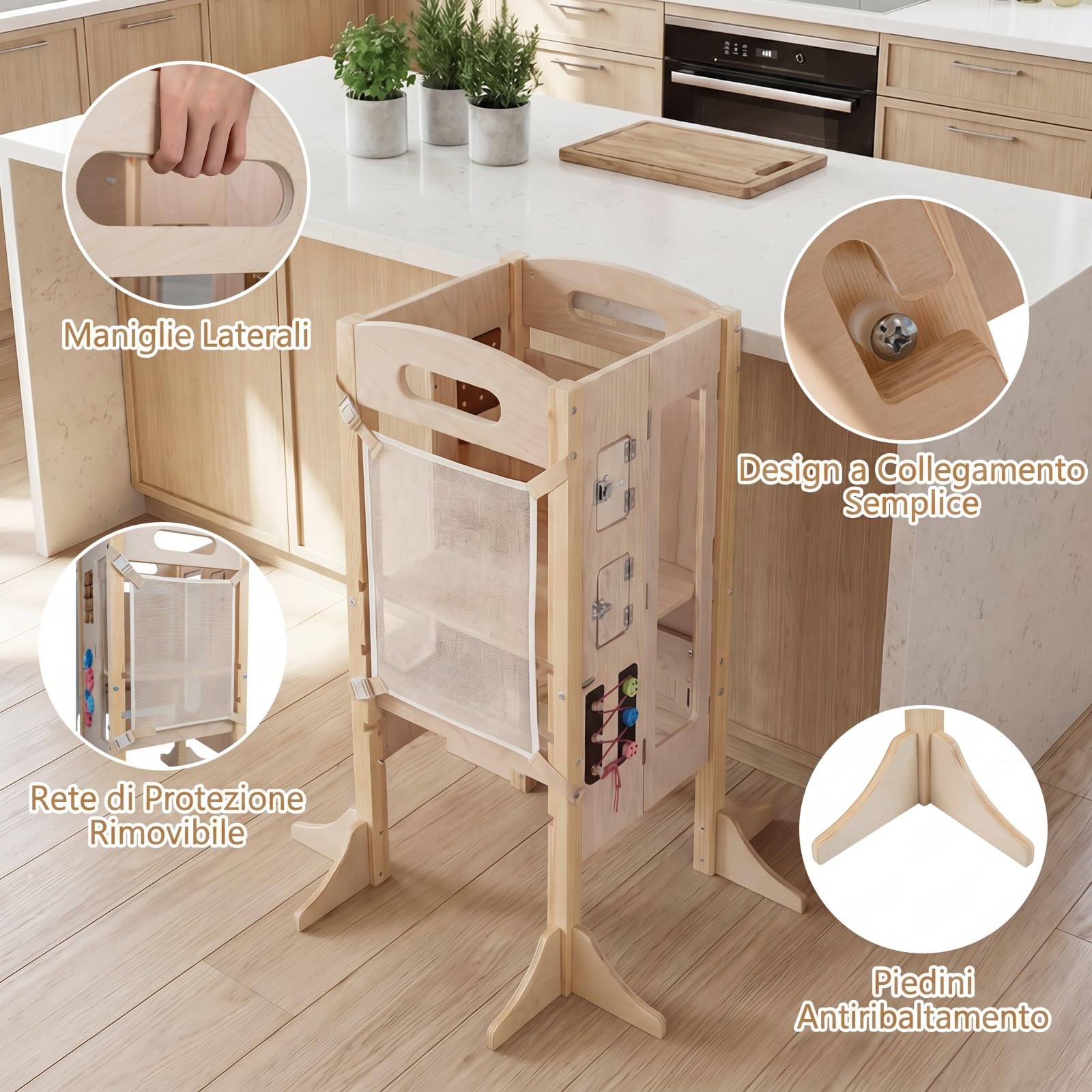 COSTWAY Torre Montessoriana Bambini, Torre di Apprendimento Pieghevole 3 in 1 con Altezza Regolabile, Lavagna Rimovibile e Pannello Educativo per Bambini 3+ Anni, 83,5 x 73 x 93 cm