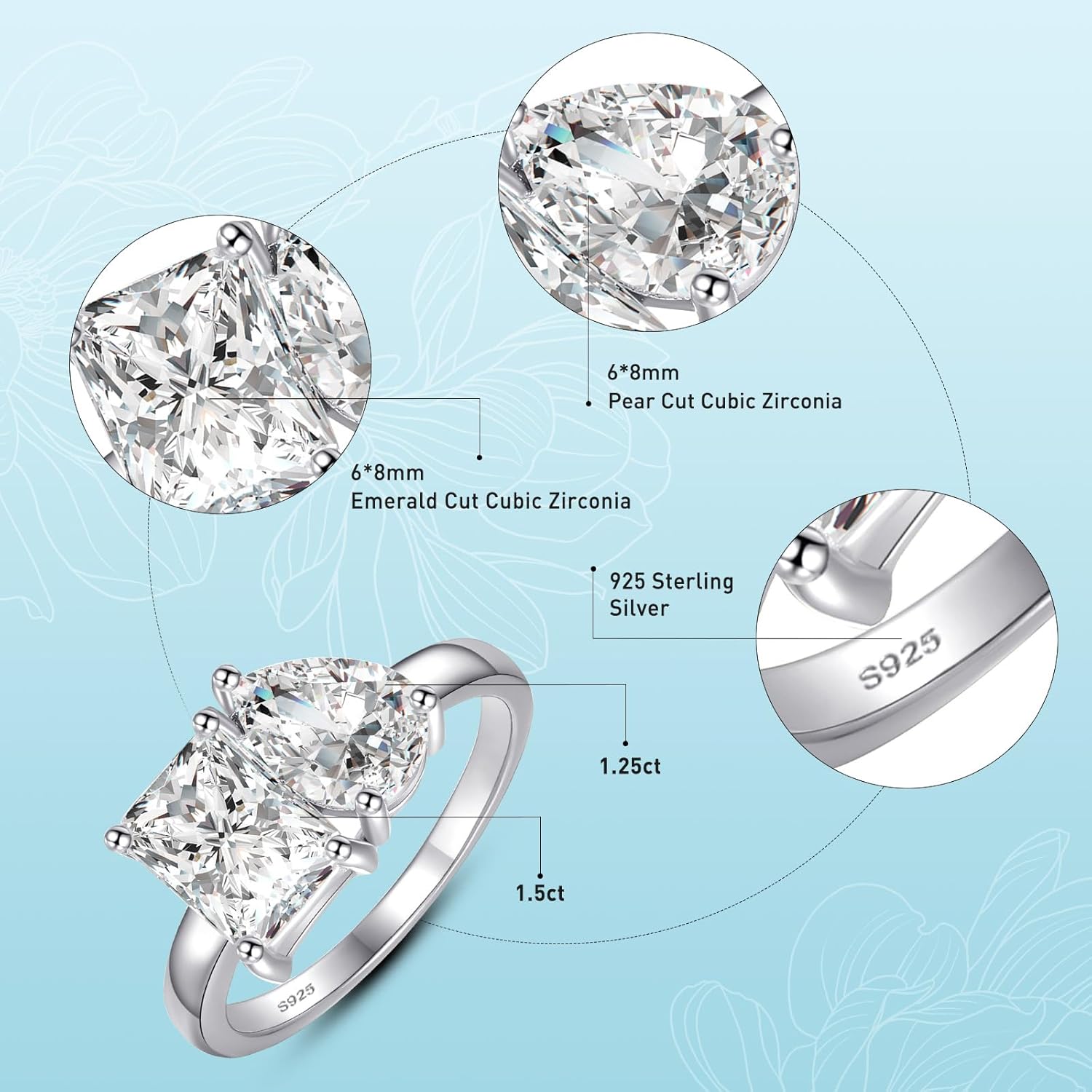 2.75ct Toi Et Moi Women Engagement Ring, 925 Sterling Silver Double Stone Emerald & Pear Cut Cubic Zirconia Wedding Eternity Unique Statement Ring I LOVE You Width Band 2mm Size 5-9 - Image 3