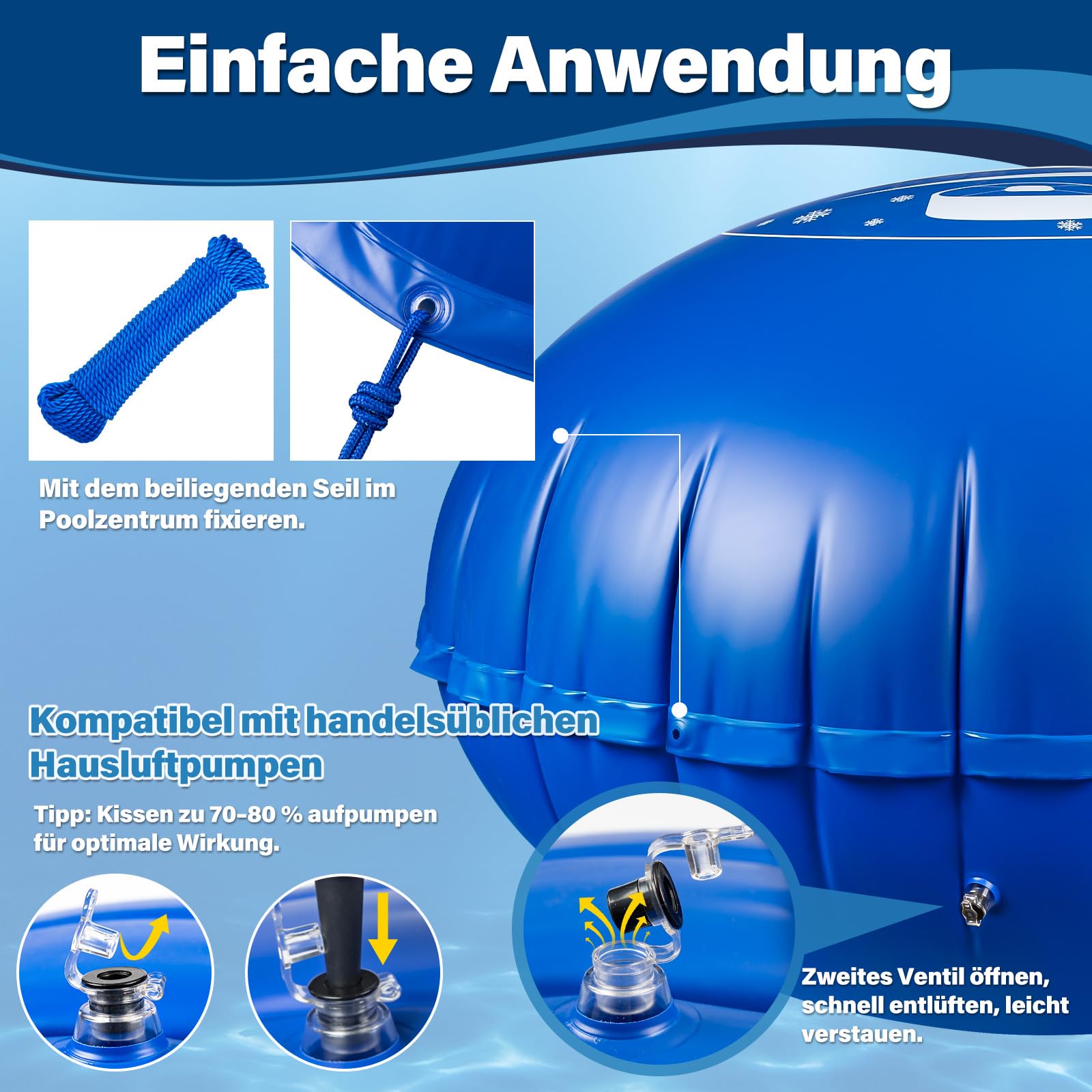 Poolkissen Winter Ø3,6m XXXL Luftkissen für Pool, mit Doppelnaht, 20m Seil, aufblasbares Überwinterungskissen für Poolabdeckung, Zubehör für Frost- und Wetterschutz
