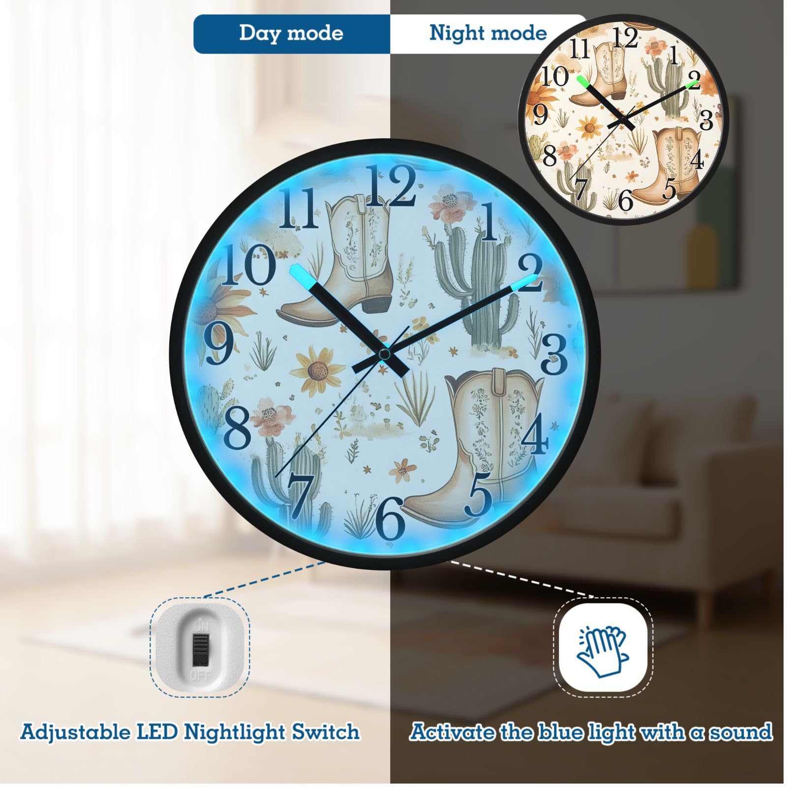 Mnsruu Reloj de pared luminoso con botas de vaquero occidentales, reloj de pared bohemio con flores de cactus que brilla en la oscuridad, funciona con pilas, reloj de luz nocturna silencioso sin