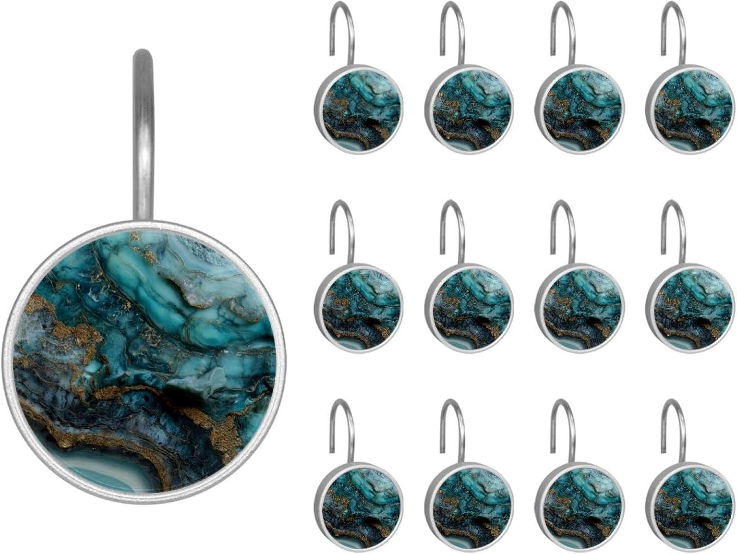 Set of 12 Turquoise Marble (1) Shower Curtain Hooks, Stainless Steel Rust-Resistant Decorative Hanger Rings