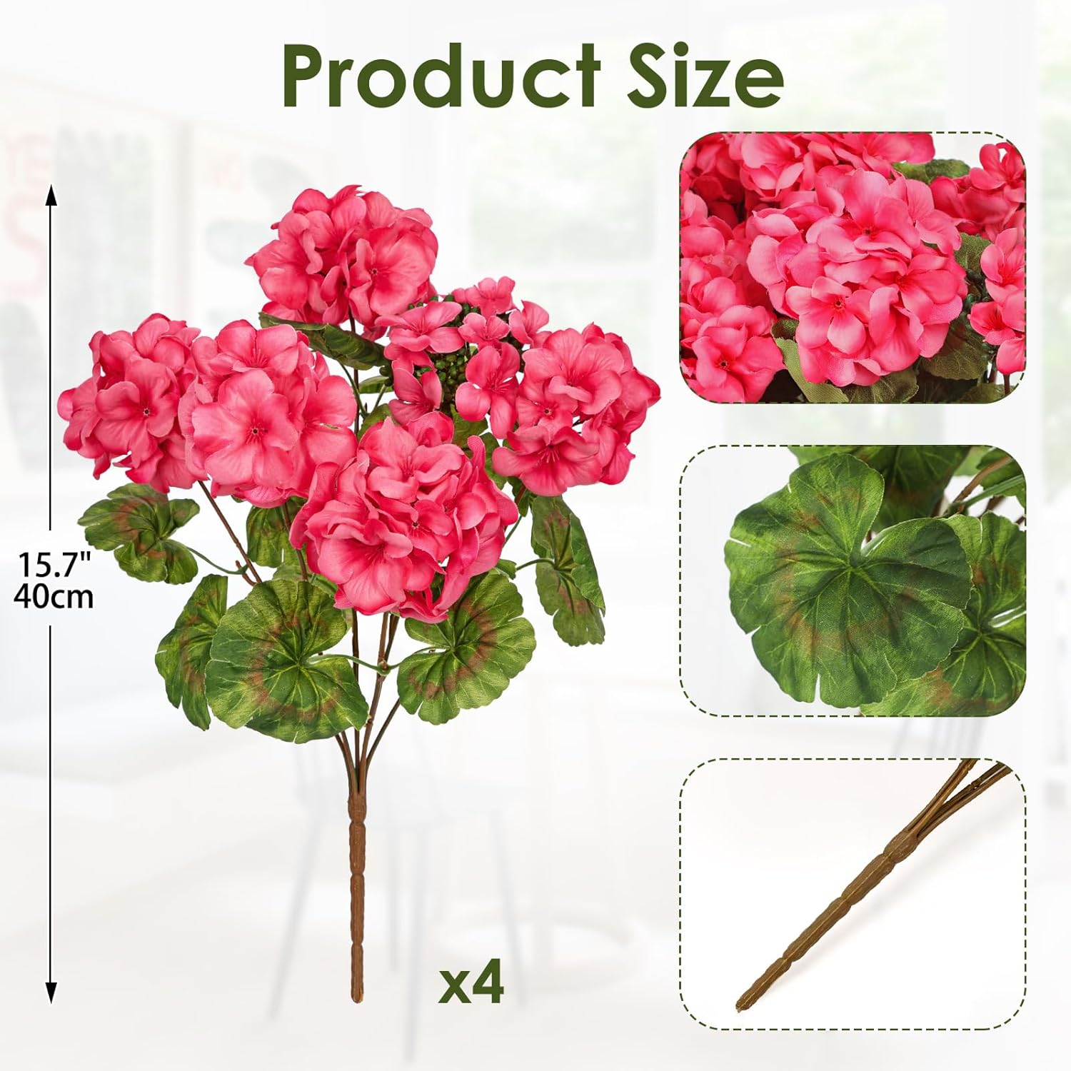 Briful Pink Geranium Artificial Flowers Realistic for Outdoor 15.7’’ Extra Full UV Resistant Faux Geranium Flowers, 4 Bundles Geraniums for Home Front Porch, Planters, Window Boxes & Indoor Decor