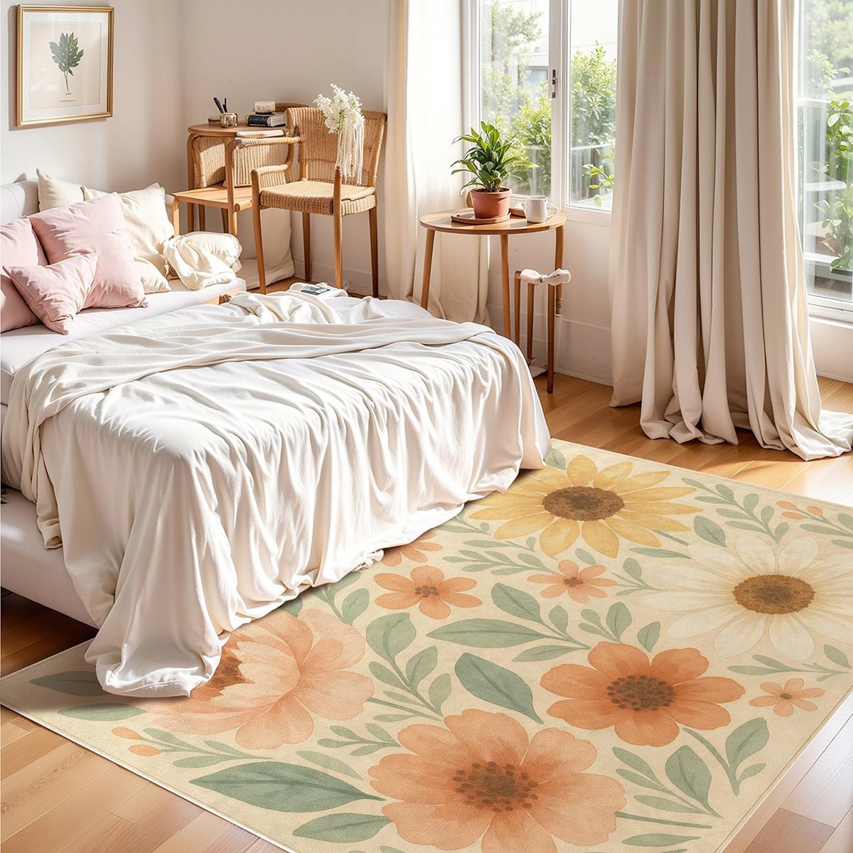 Floral 3x5 Area Rug, Sunflower Rug for Living Room, Bedroom, Dining Room - Washable Rug for Girls Bedroom, Non-Slip Small Living Room Carpets, Stylish Decor for Girl Child Pet