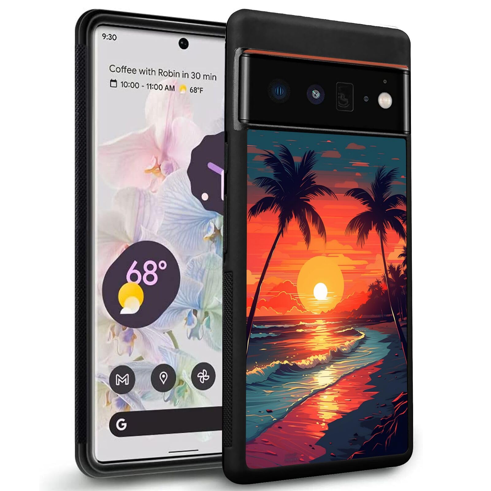 DAFEI Phone Case Compatible with Google Pixel 6 Pro Tire Case Beach Sunset Palm-Art cc55 Black Frame Shockproof and Slim Rubber TPU Material with Uniqe Design
