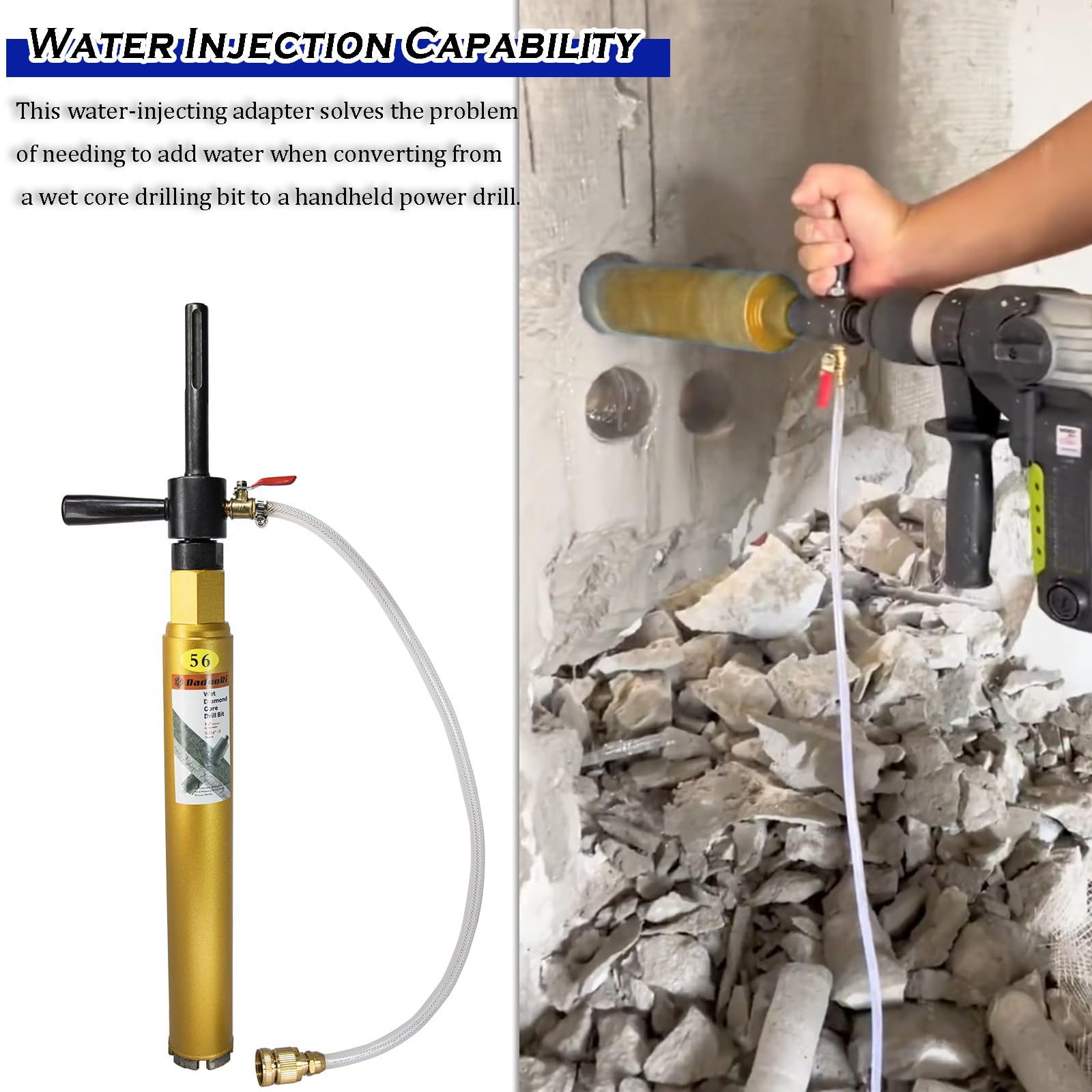 Adaptador de taladro de núcleo abor SDS Plus de 1 1/10.2 cm-7 macho a SDS Plus, capacidad de inyección de agua, incluye conector rápido de manguera de latón macizo y manguera, compatible con