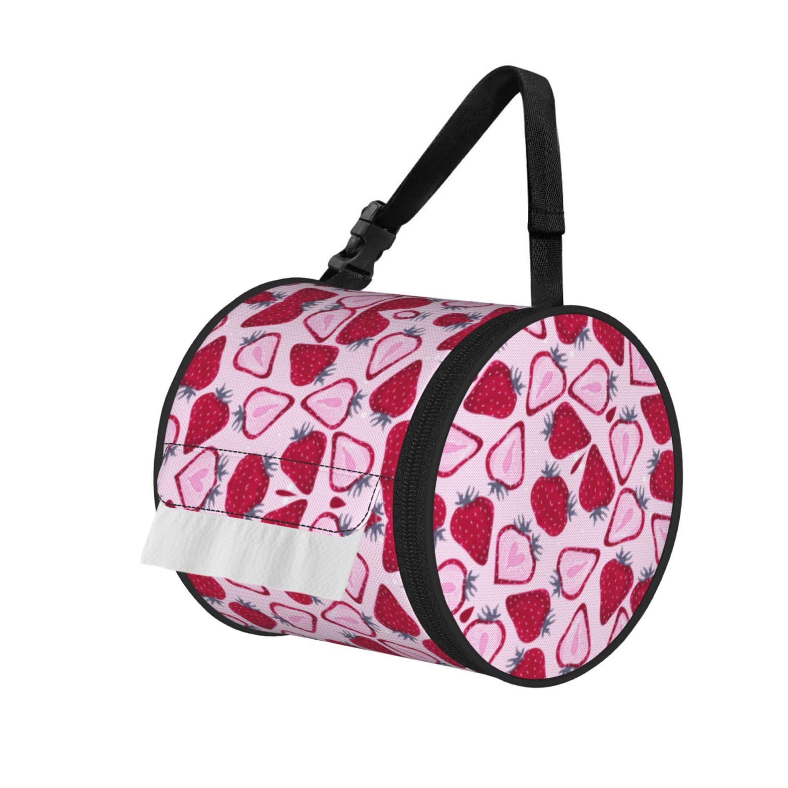 Strawberry Pattern Print Round Paper Tissue Holder With Shoulder Strap, Portable Roll Case For Caravan Travel Use