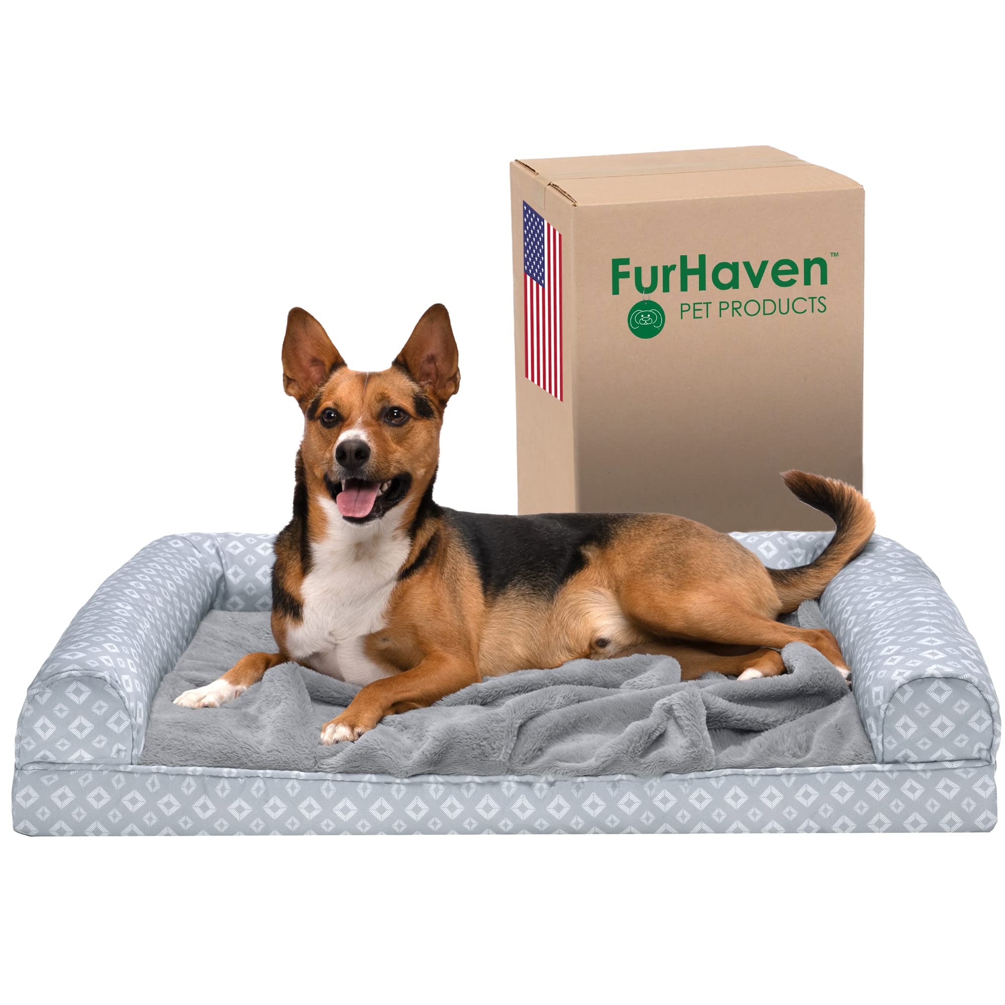Furhaven Cooling Gel Dog Bed for Large/Medium Dogs w/ Removable Bolsters & Washable Cover, For Dogs Up to 55 lbs - Plush & Diamond Print Nest Top Sofa - Gray, Large