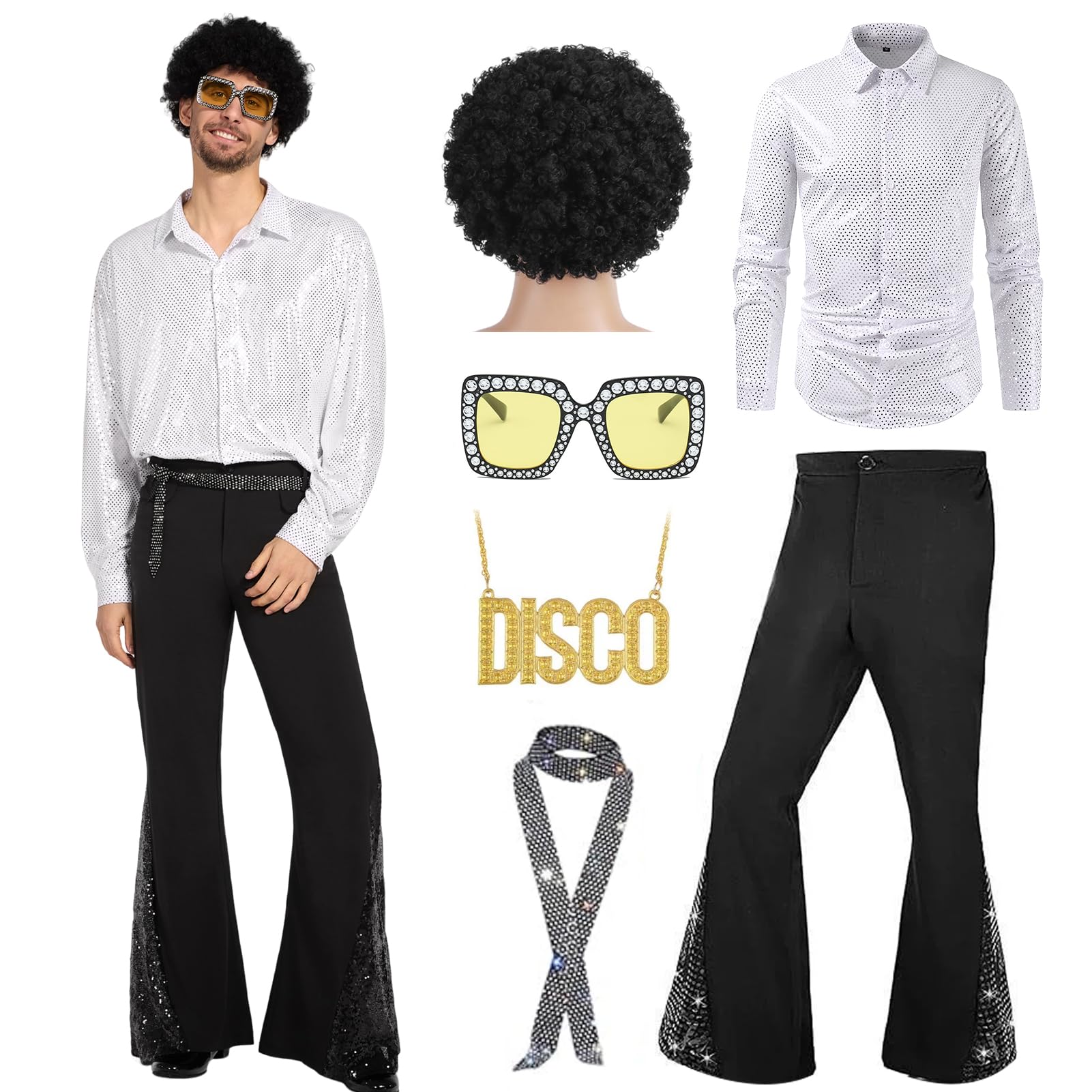 Ginkago Disfraz de discoteca de los años 70, hippie para hombre con pantalones brillantes y camisa de los años 80, para disfraz de los años 50, 60s, 70s, cosplay, fiesta de Halloween