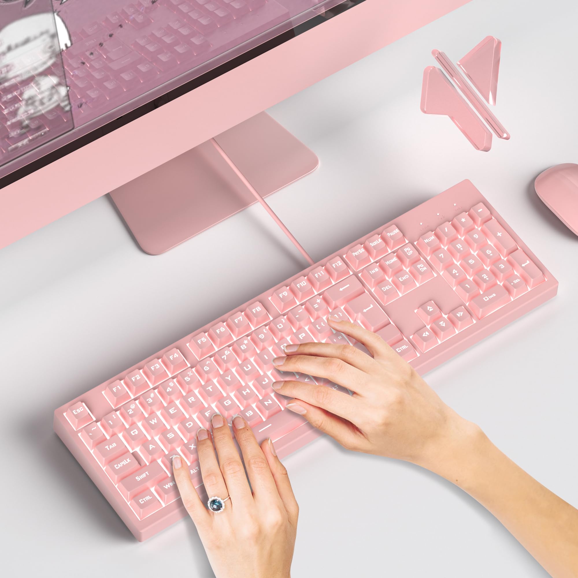 Tastiera da gioco con 104 tasti, retroilluminata a LED, tastiera con cavo, tastiera meccanica a doppio scatto, tastiera a membrana per PC e laptop (104 rosa)