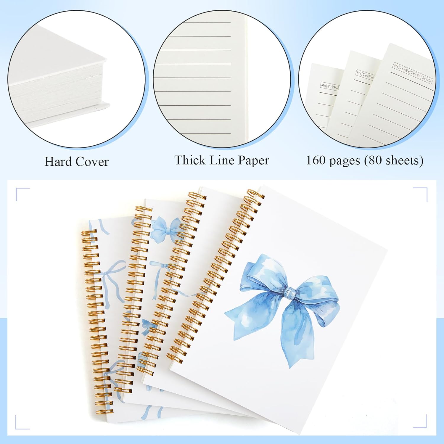 4 Pack Coquette Preppy Bow Notebook, A5 Aesthetic Spiral Notebook Journals for Women, Cute Bowknot Preppy School Supplies, College Ruled(Blue,Bow Style) - Image 3