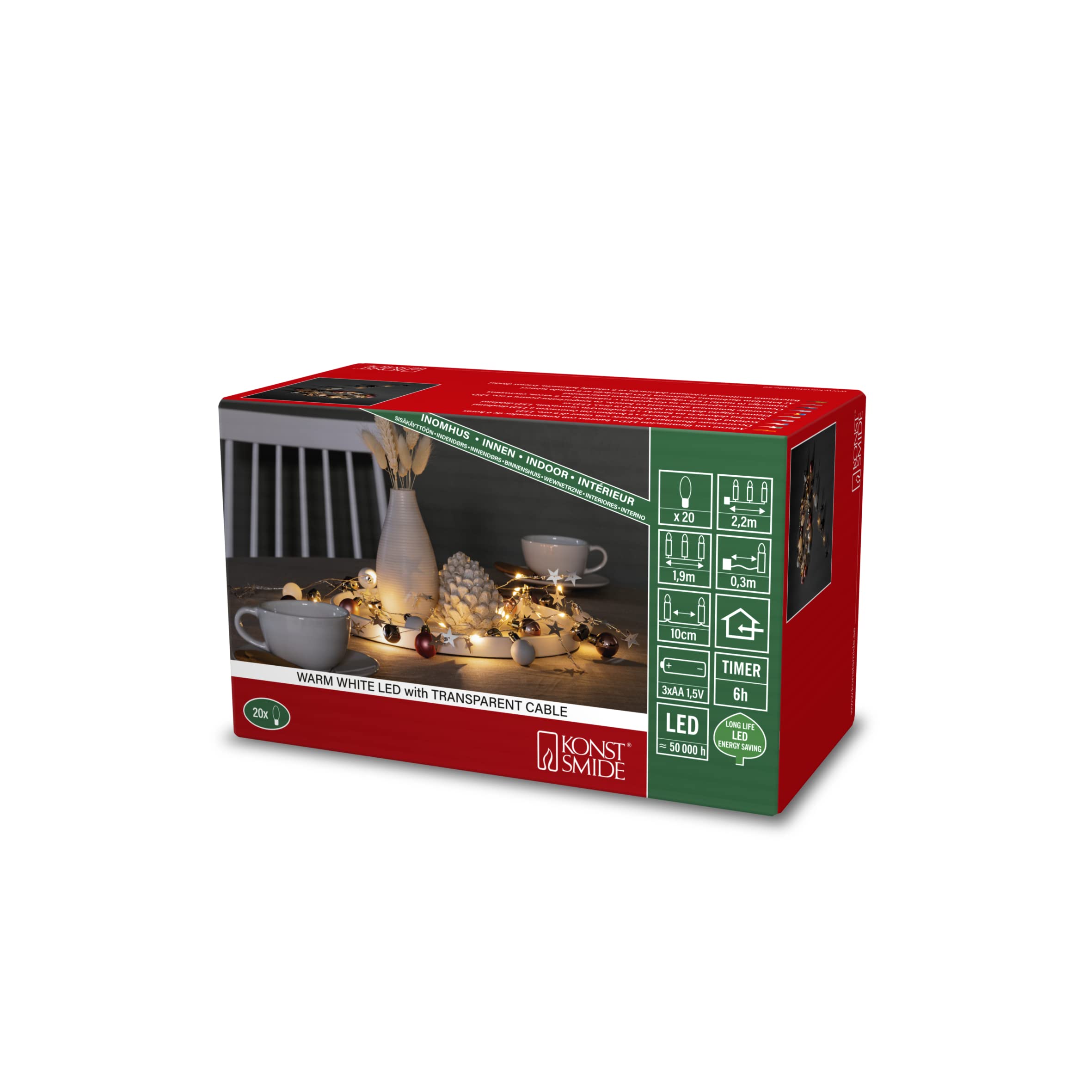 Konstsmide 3291-503 dekoracyjny łańcuch świetlny LED, perły, kolorowy, timer 6 h, 20 diod w kolorze ciepłej bieli, zasilanie bateryjne, do wnętrz, przezroczysty kabel