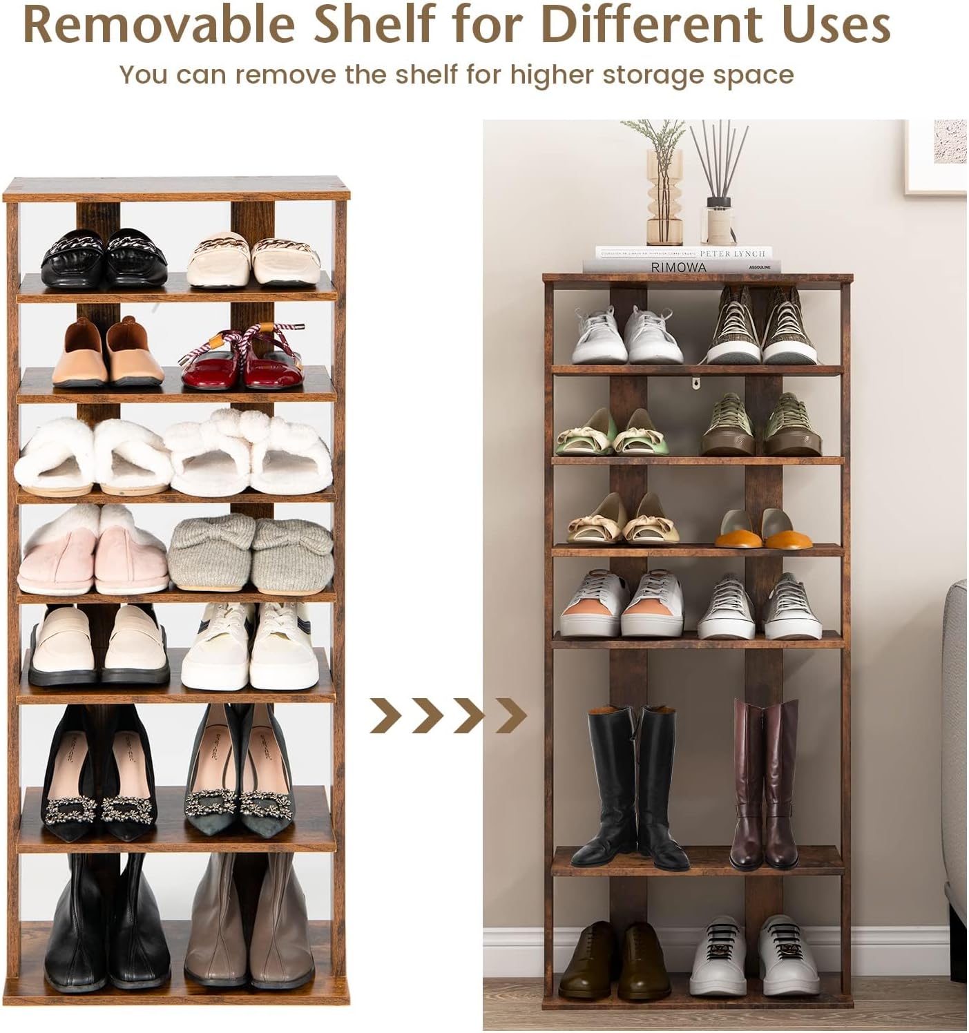7 Tiers Vertical Shoe Rack, Wooden Slim Shoe Storage Shelf, Narrow Shoe Stand Tower for Boots, Space Saving Shoe Organizer for Closet, Entryway, Front Door (Large, Rustic Brown)
