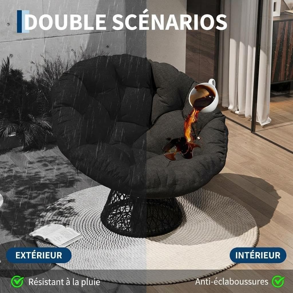 Fauteuil Papasan Rotin Pivotant Fauteuil Cocon Confortable Epais Coussin 15cm Moelleux Structure Stable Imperméable Chaise Relaxation Salon Coin Lecture Terrasse Charge 160 kg