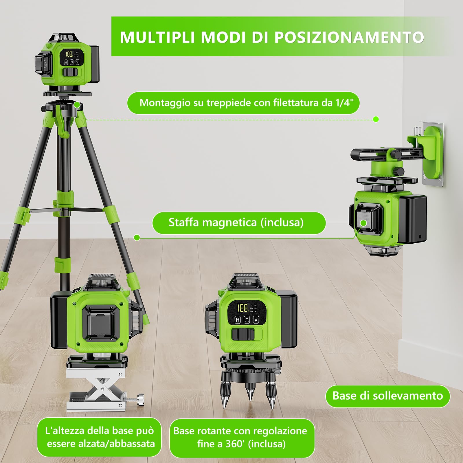 Livella Laser Autolivellante 16 Linee con Treppiede, 4 X 360 °Livello Laser Autolivellante Verde, 2 x Batterie, Autolivellante, Supporto rotante, Telecomando