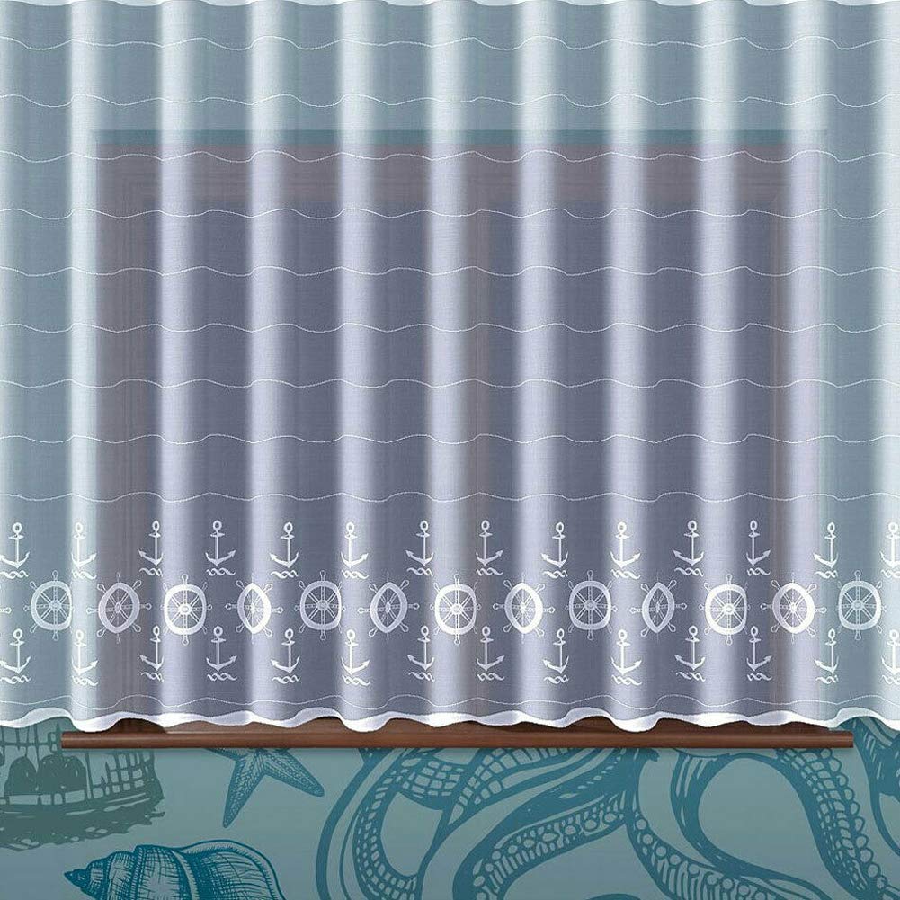 Mforstyle White Net Curtain Nautical Wheels Anchors Ready To Hang Sold By Metres Hemmed Edges. Drop: 45" (114Cm)