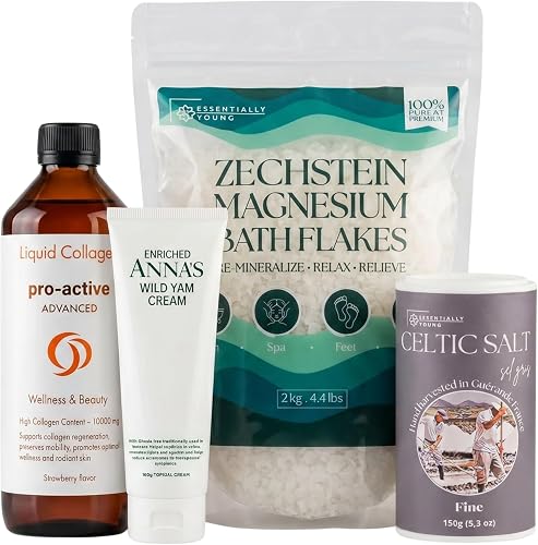 Wellness Bundle with Liquid Collagen, Wild Yam Cream, Zechstein Magnesium Bath Flakes and Celtic Sea Salt, 4-Piece Set