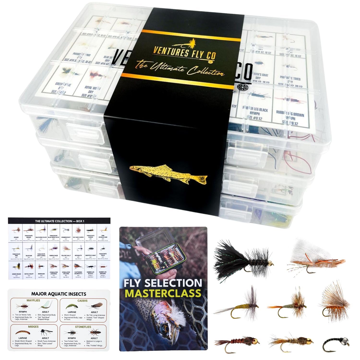 Ventures Fly Co. | 200 Premium Hand Tied Fly Fishing Flies Assortment | Three Fly Boxes Included | Dry, Wet, Nymphs, Streamers, Wooly Buggers, Terrestrials | Trout, Bass Lure Set, Kit