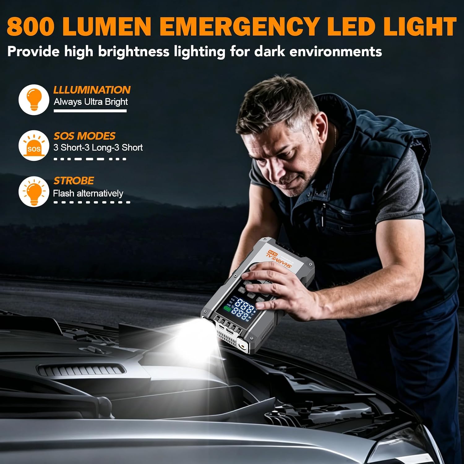 6000A Jump Starter with Air Compressor 160PSI Tire Inflator, 12V Car Battery Fast Charge Portable Jump Starter for All Gas/10L Diesel, Jump Box Pack with 3 Modes Flashlight and Jumper Cables