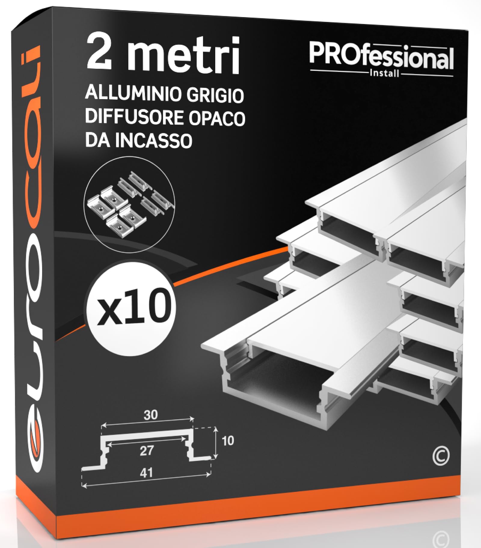 Eurocali Profilo Alluminio per Strisce LED fino a 27mm - Incasso con alette - 2000 x 41 x h10 mm - Pacco da 10