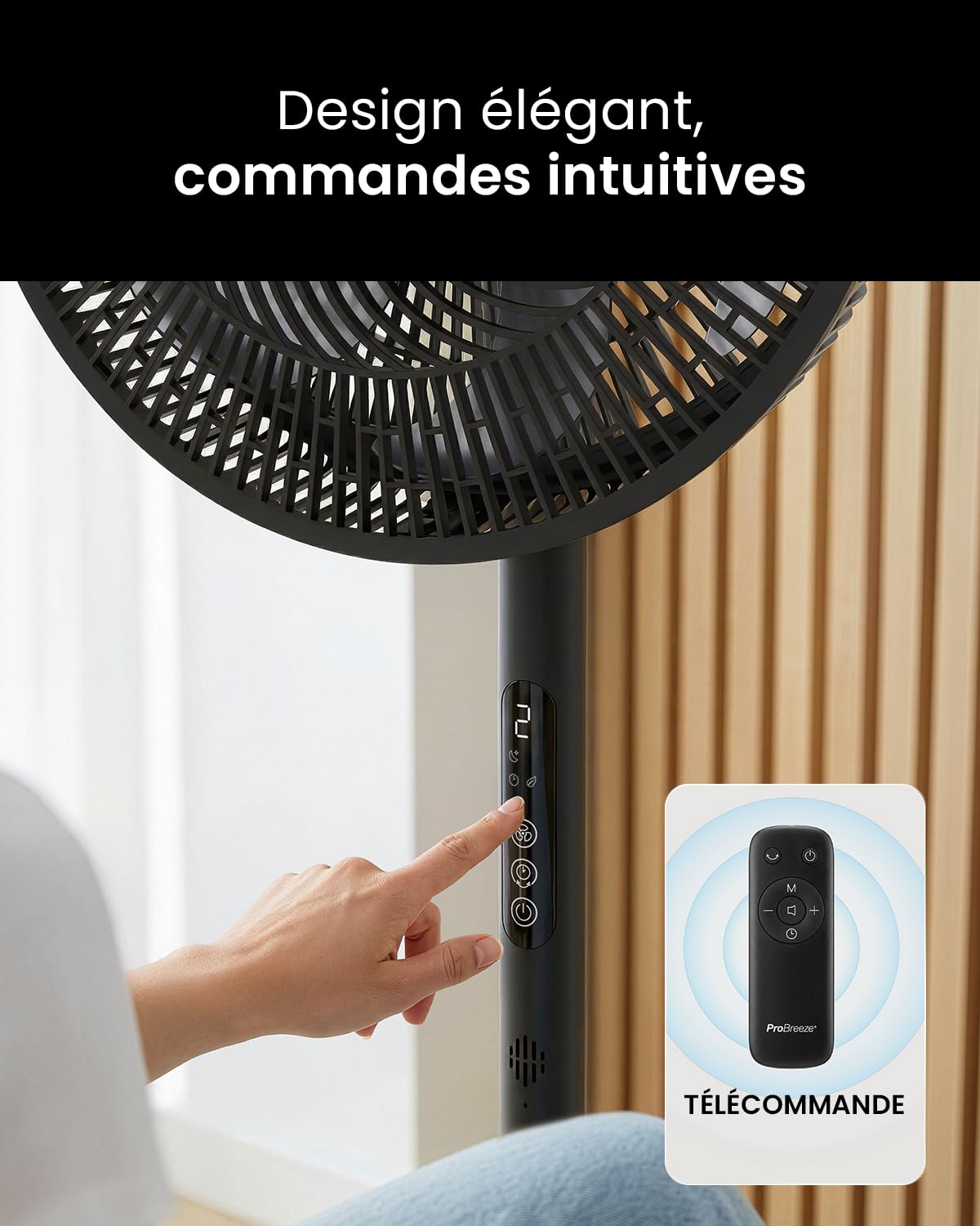 Pro Breeze AirFlo Slim – Ventilateur sur Pied 109 cm Silencieux & Puissant, 9 Vitesses, Oscillation 95°, Hauteur Réglable 70-130 cm, Télécommande, 3 Modes, Basse Consommation, Chambre, Bureau & Salon