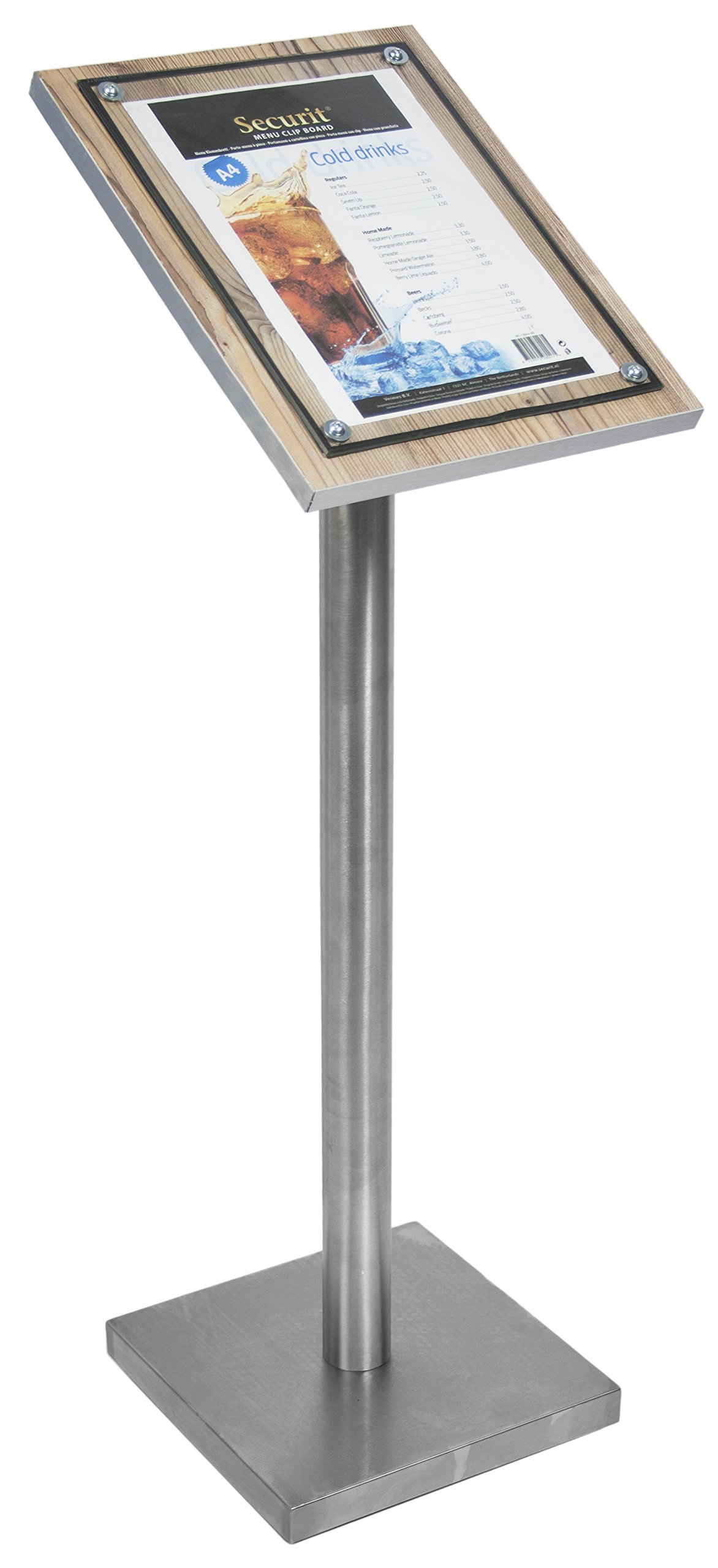 SECURIT - Expositor Glass Star A4 - Roble - 28 x 37 x 3 cm | Montaje en Poste o Pared - Borde de Acero Inoxidable
