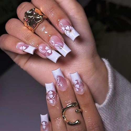 Miniatura 137 de IMSOHOT Uñas postizas largas a presión, uñas postizas cuadradas con pegamento brillante, diseño de mariposa y diamantes de imitación, uñas postizas
