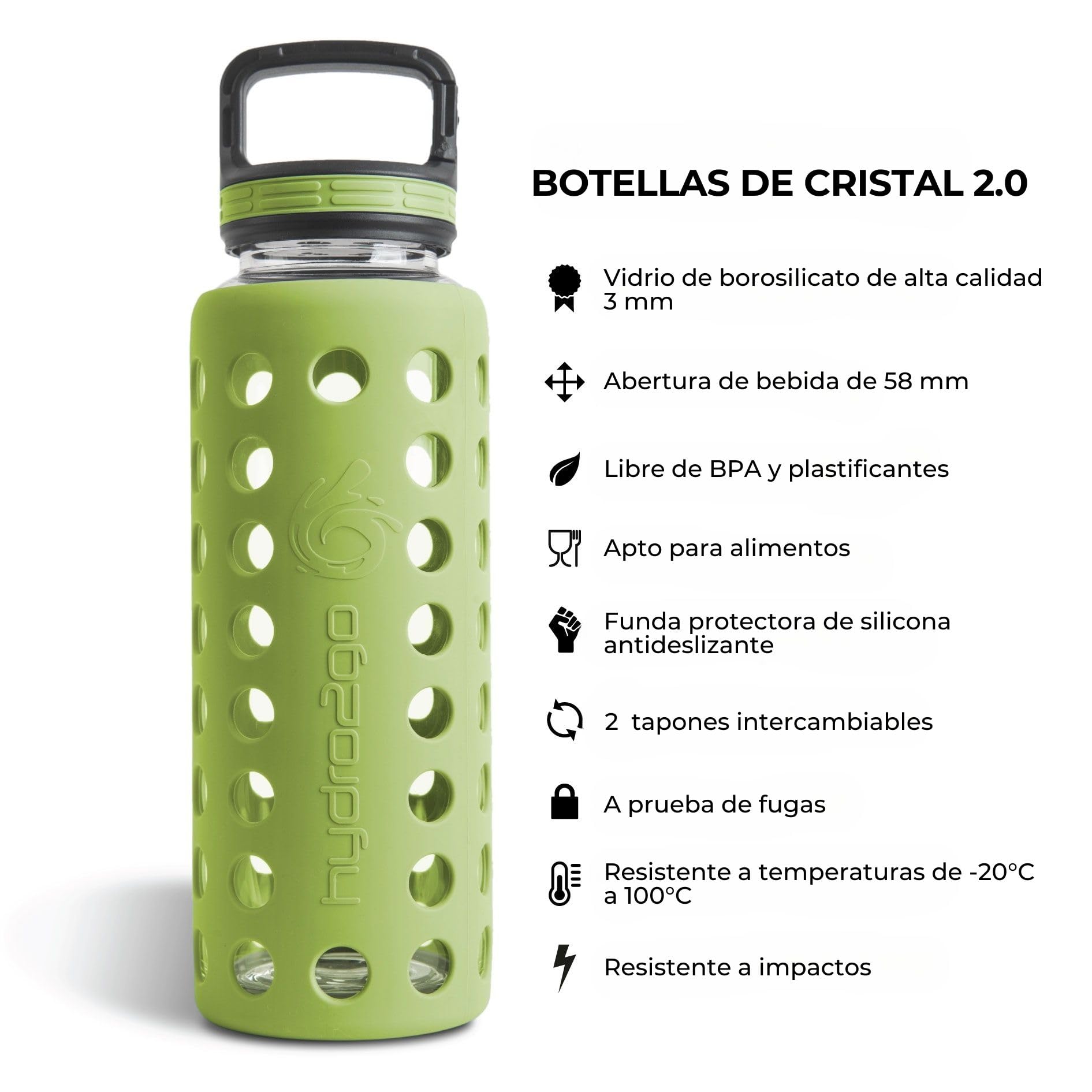 hydro2go® Botella de Vidrio con Tapa de Silicona 950 ml - Apto para lavavajillas | 2 Tapas Intercambiables | 100% Impermeable