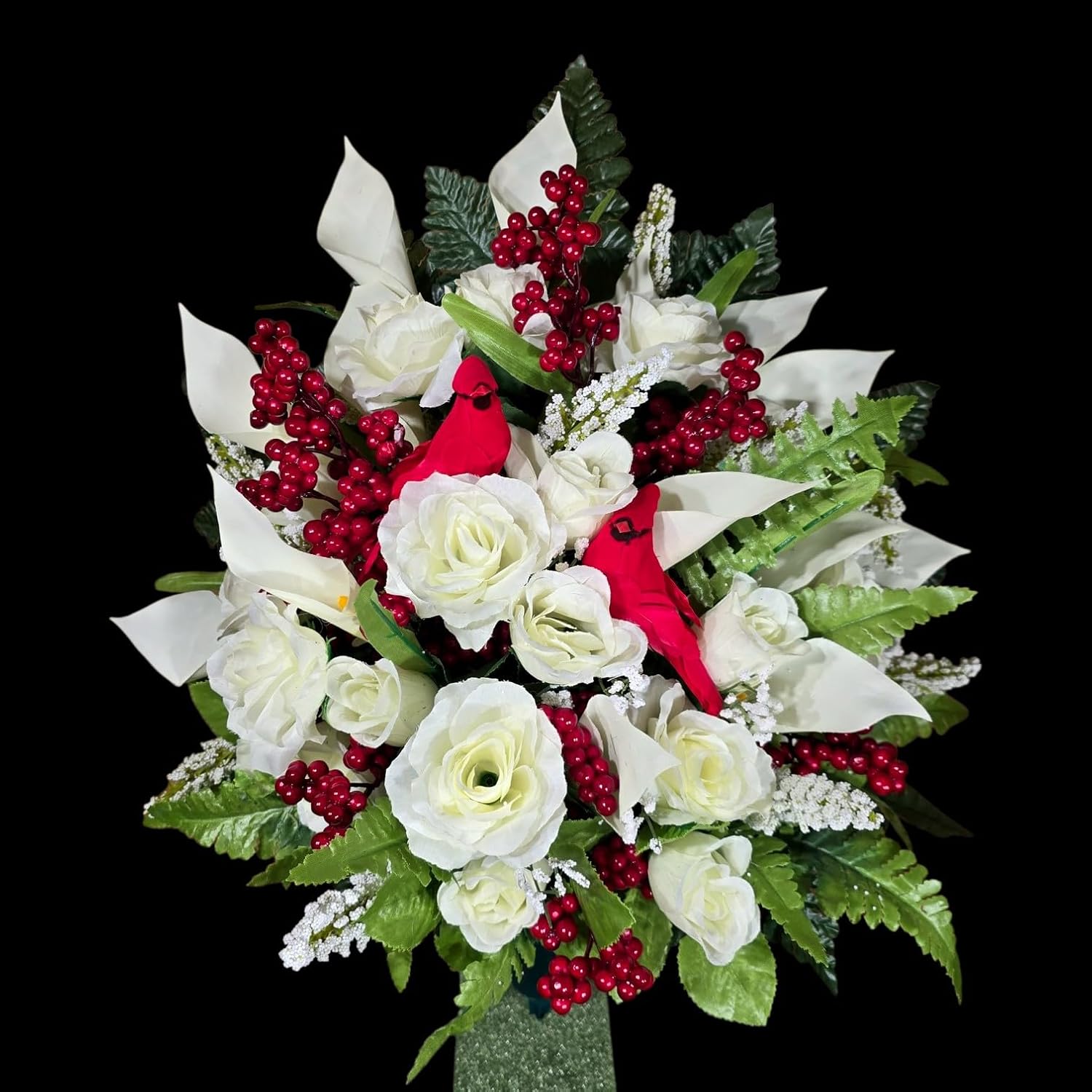 Realistic Artificial Cemetery Flowers - Silk Faux Floral Cream Rose and Calla Lily with Red Bird and Berries - Large Bouquet for Grave - Headstone Decoration - Memorial Flowers